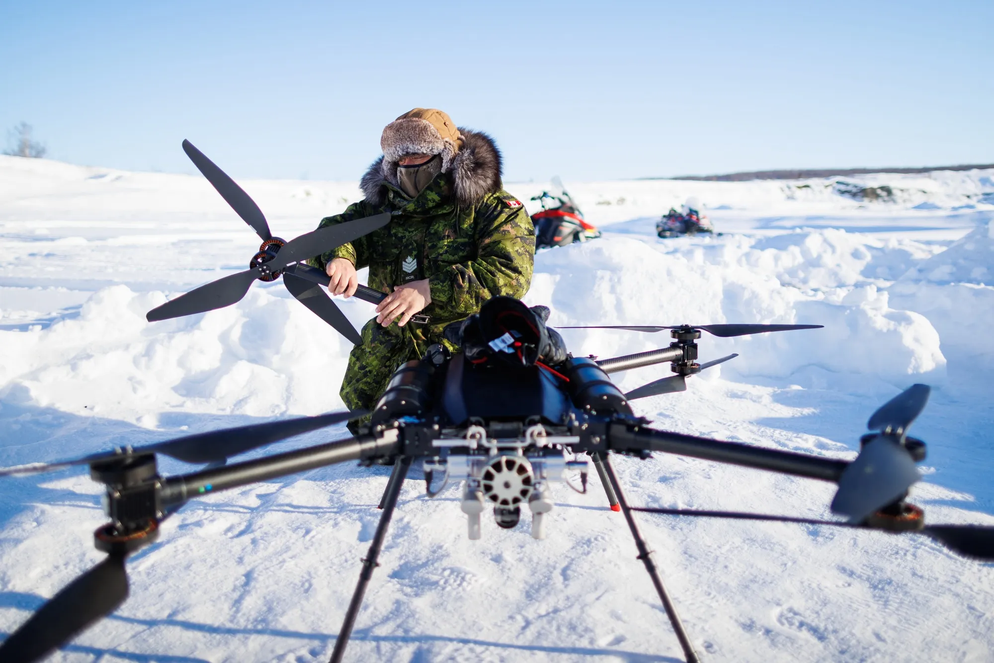 A soldier dismantles a thermal imaging drone during the Canadian Armed Forces' annual Arctic training and sovereignty operation&nbsp;in Inuvik, Northwest Territories.