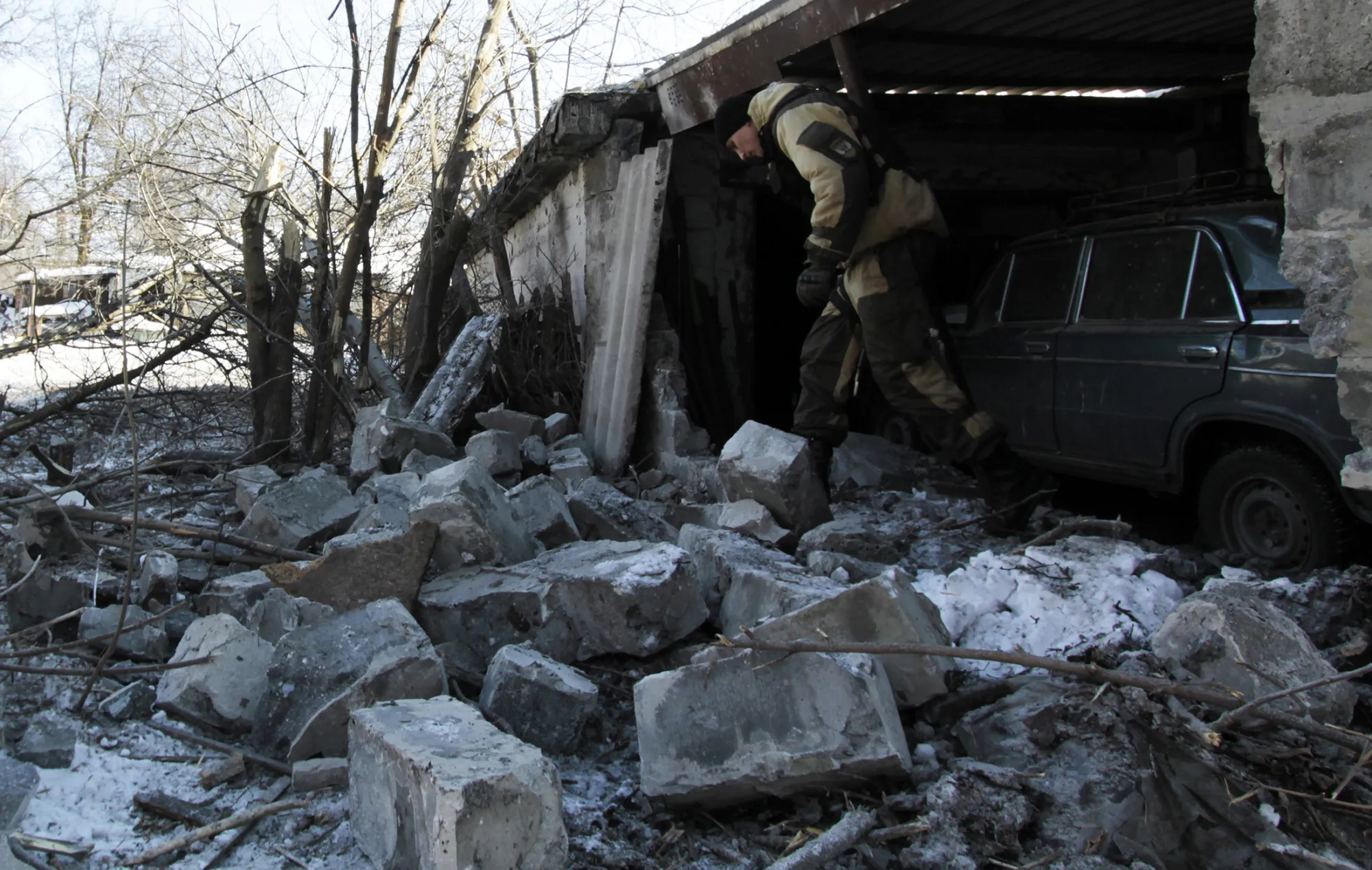 A damaged home stands in Makeyevka, Ukraine, the aftermath of shelling, on Jan. 29, 2017.
