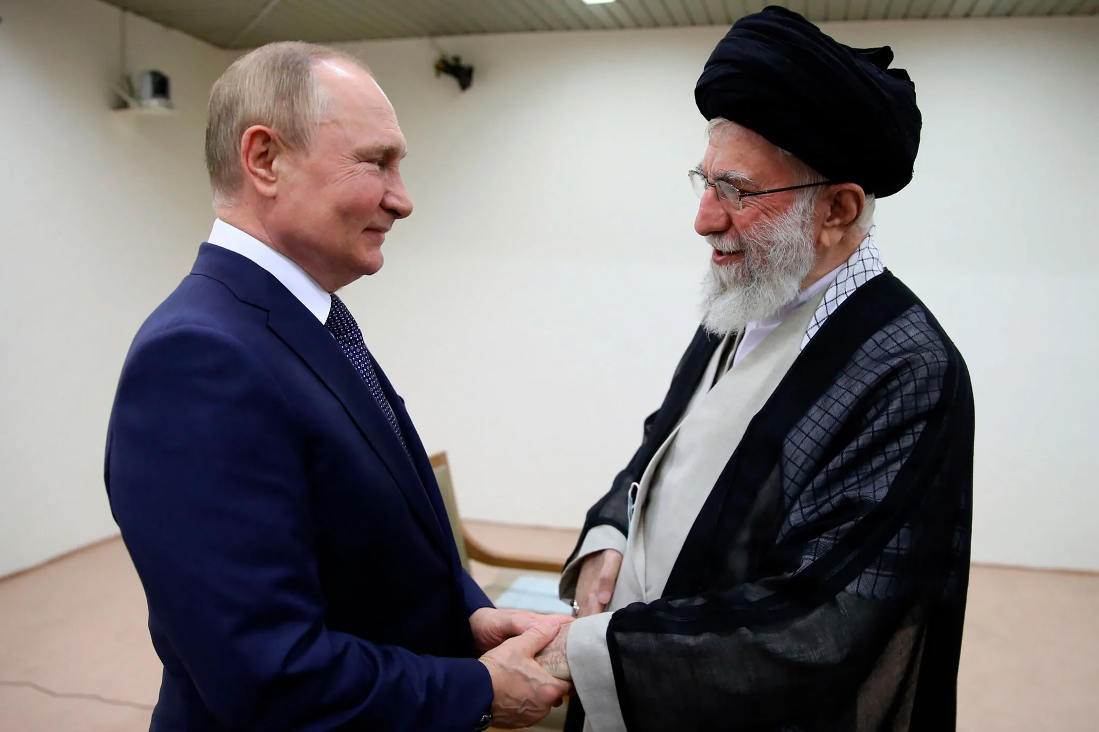 Ayatollah Ali Khamenei, right, and Vladimir Putin during a meeting in Tehran, in a photo released by the Office of the Iranian Supreme Leader in 2022.