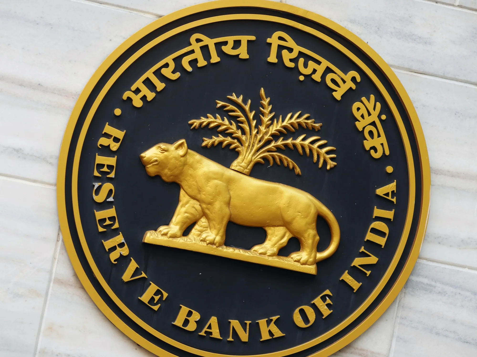 The logo for Reserve Bank of India at the central bank's headquarters building in Mumbai.