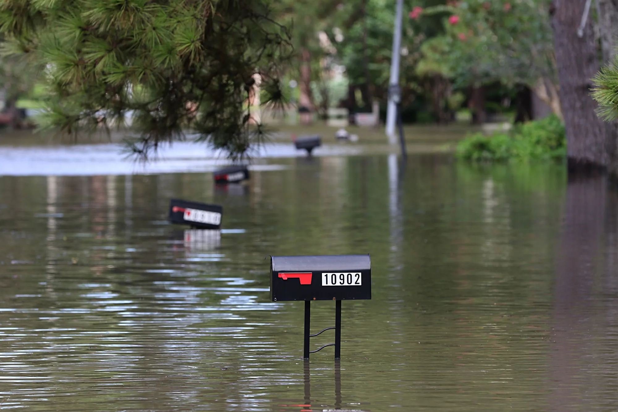 Mailboxes emerge from flood waters in Houston, Texas on August 30, 2017.&nbsp;
