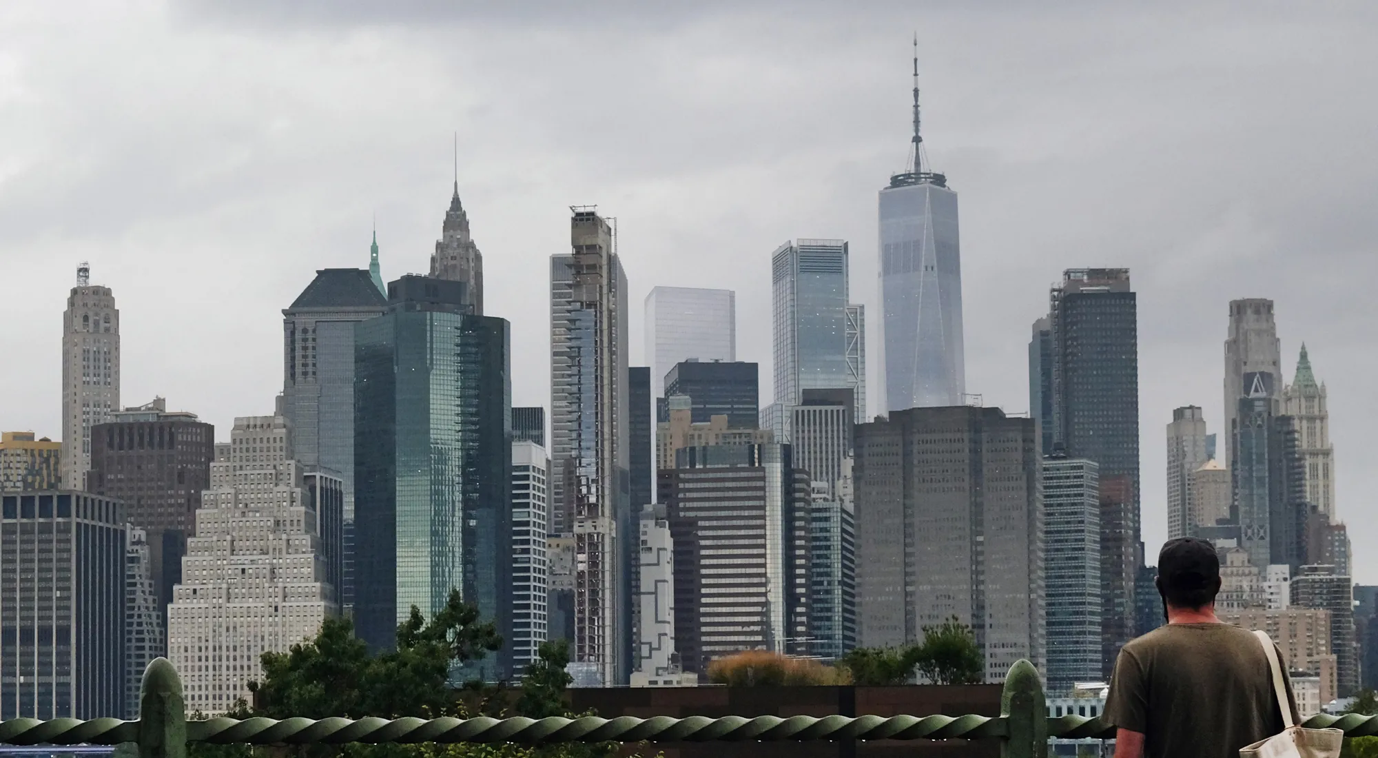 The Manhattan skyline in a Brooklyn neighborhood.