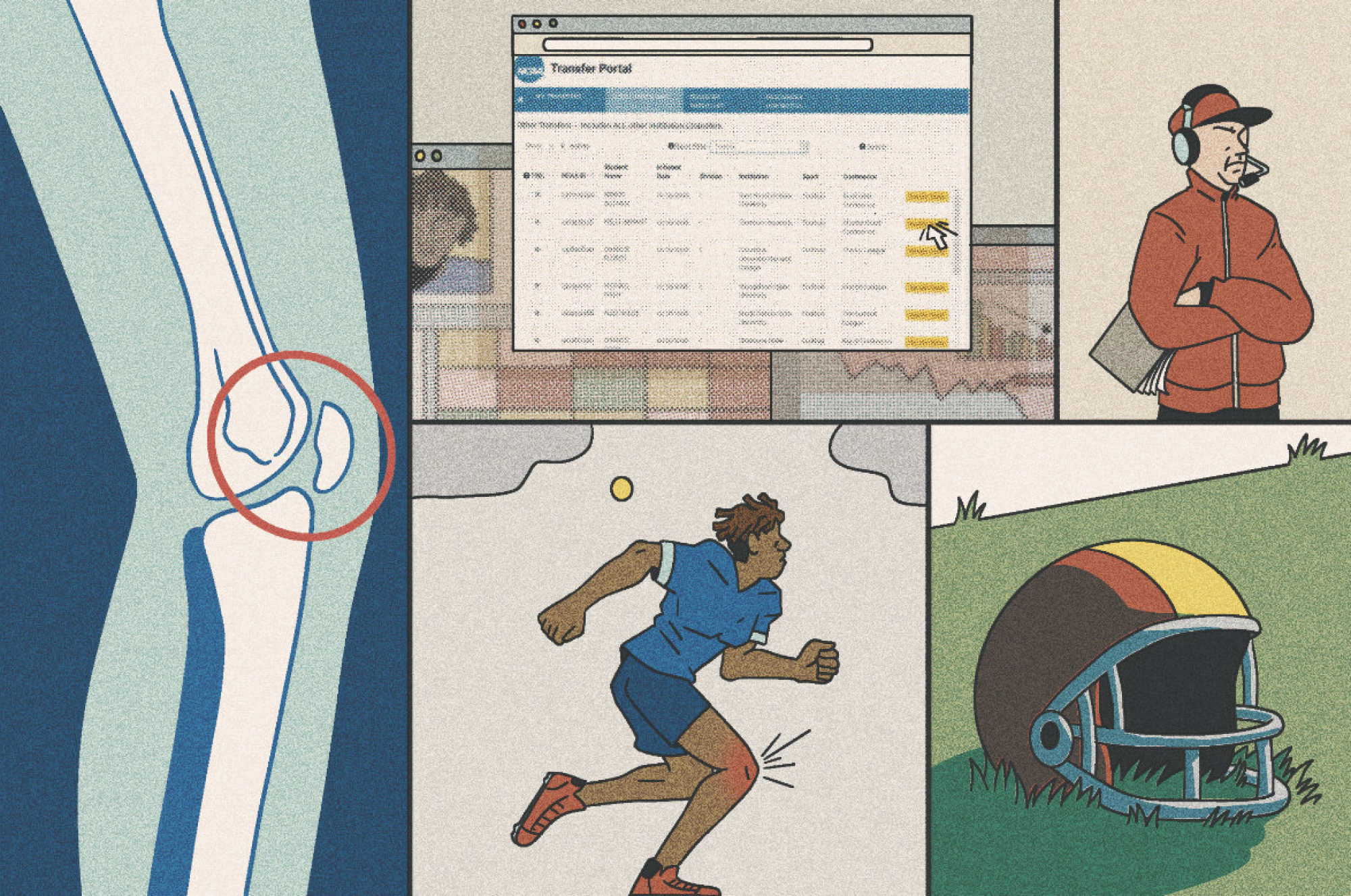 Panel of illustrations showing broken bone, NCAA college football transfer portal, an angry coach, player with an injured knee and a football helmet.