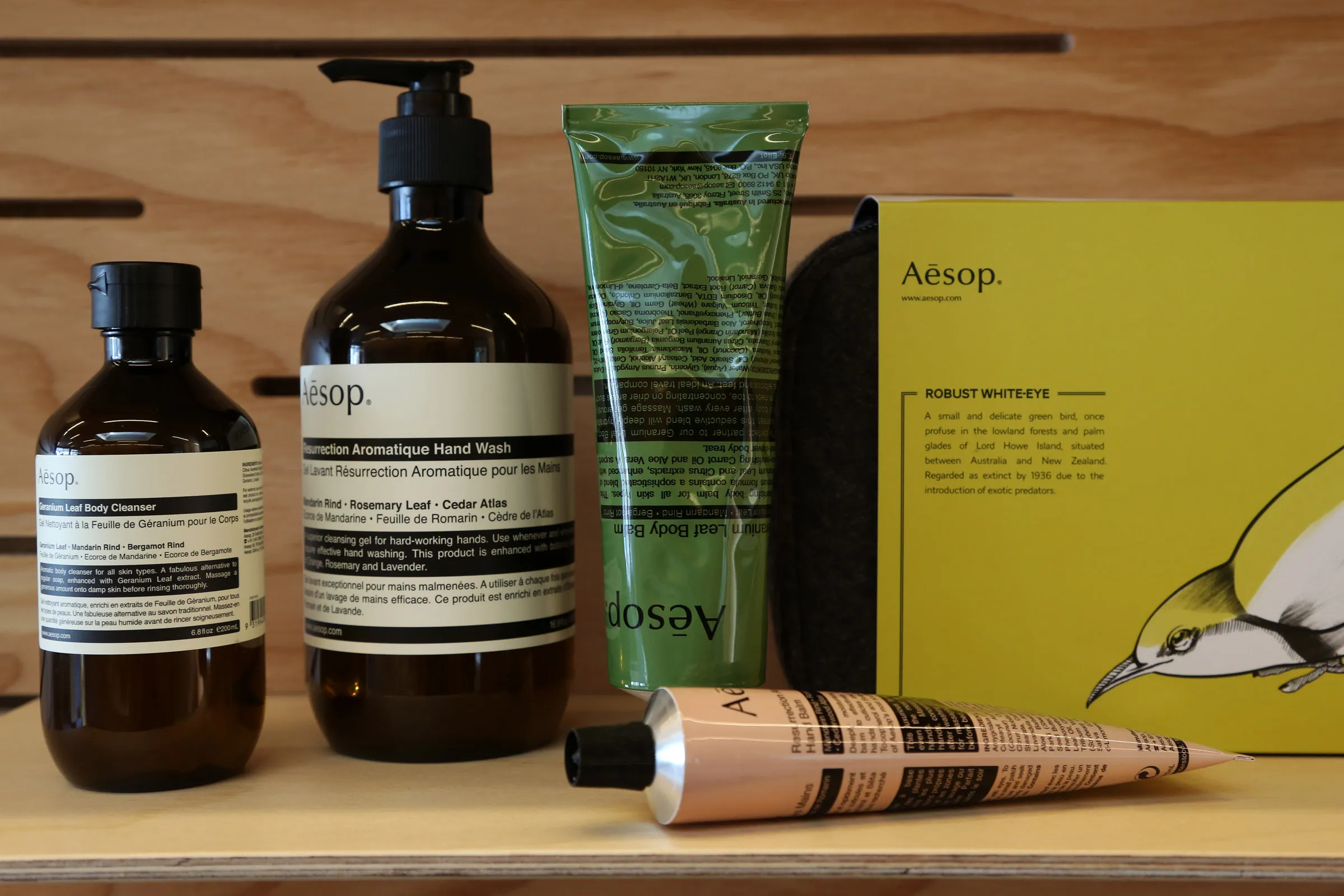 One of Aesop's seasonal kits featuring various beauty products, sits on display for sale at their new store.