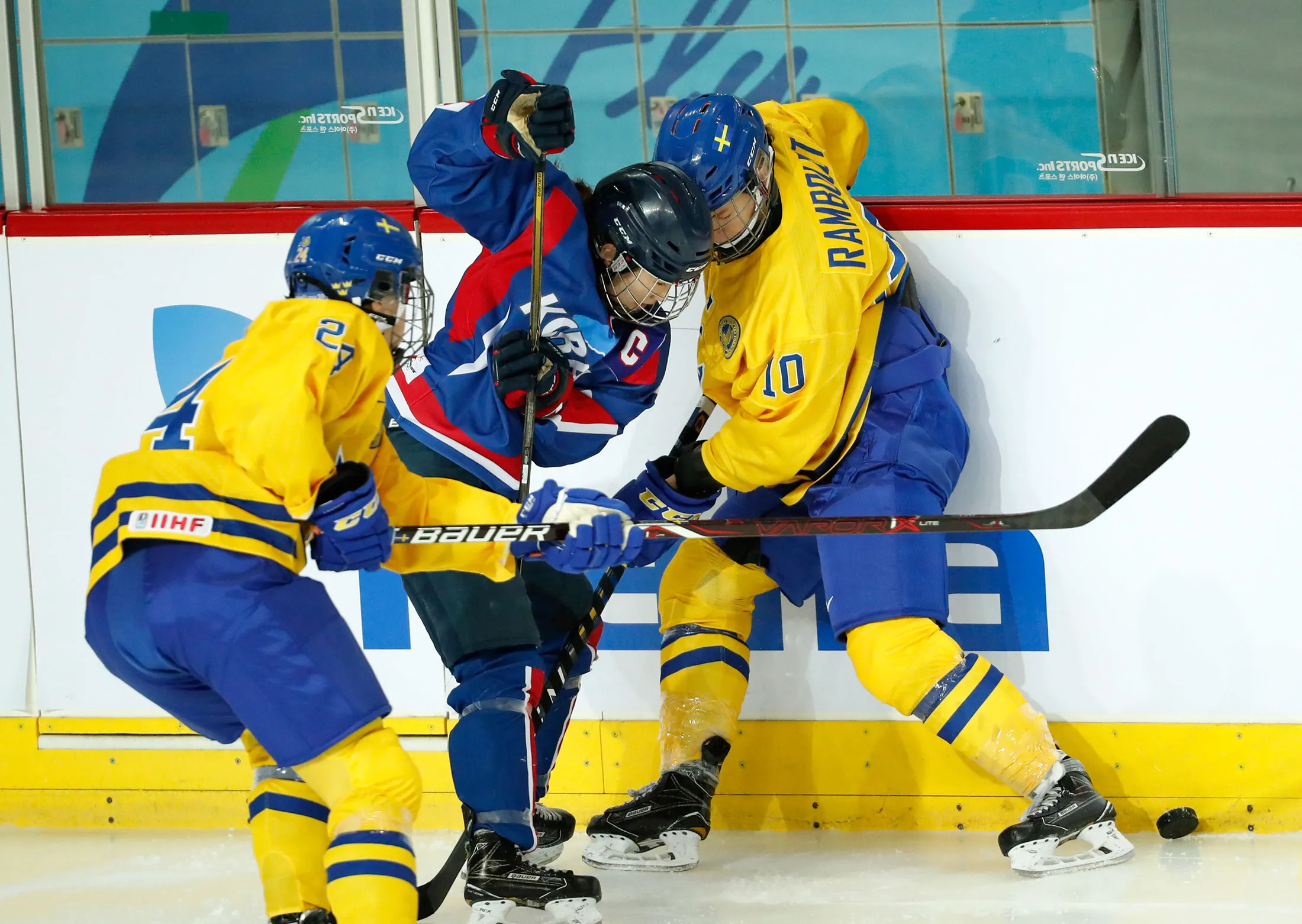 Unified Korean team against Sweden on Feb. 4.