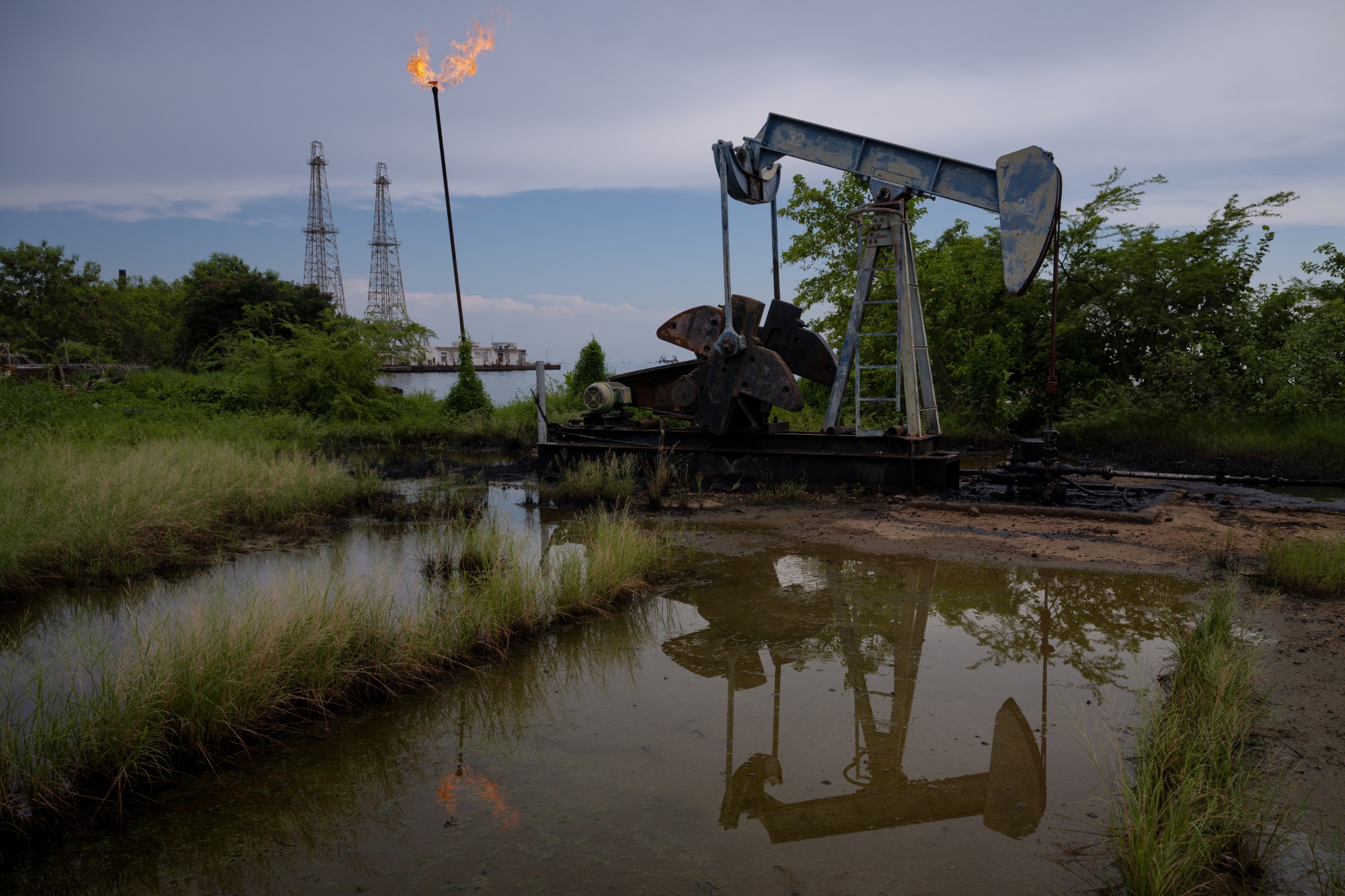 A PDVSA oil pumpjack on Lake Maracaibo in Venezuela.