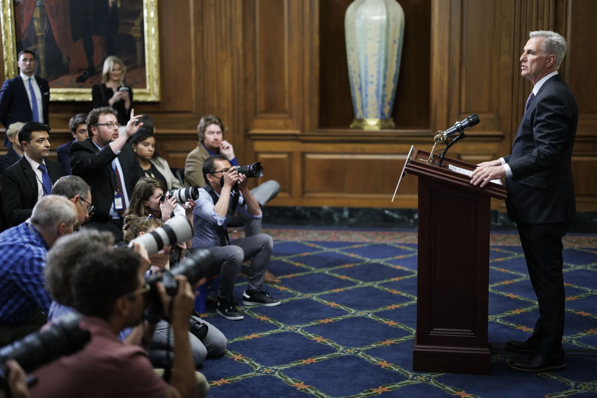 House Speaker Kevin McCarthy at&nbsp;a news&nbsp;conference late Wednesday, after the House passed his debt-ceiling deal with President Joe Biden.&nbsp;