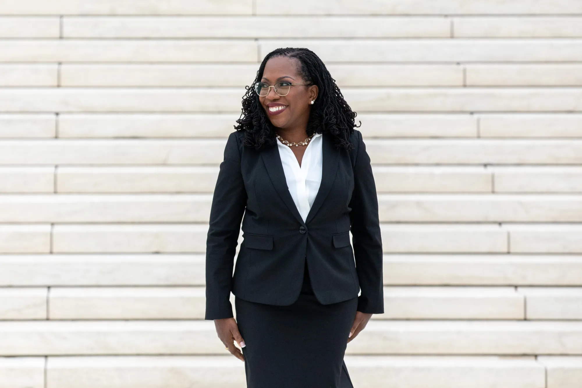 Ketanji Brown Jackson&nbsp;on the front plaza of the Supreme Court building following an investiture ceremony in Washington, on&nbsp;Sept. 30.