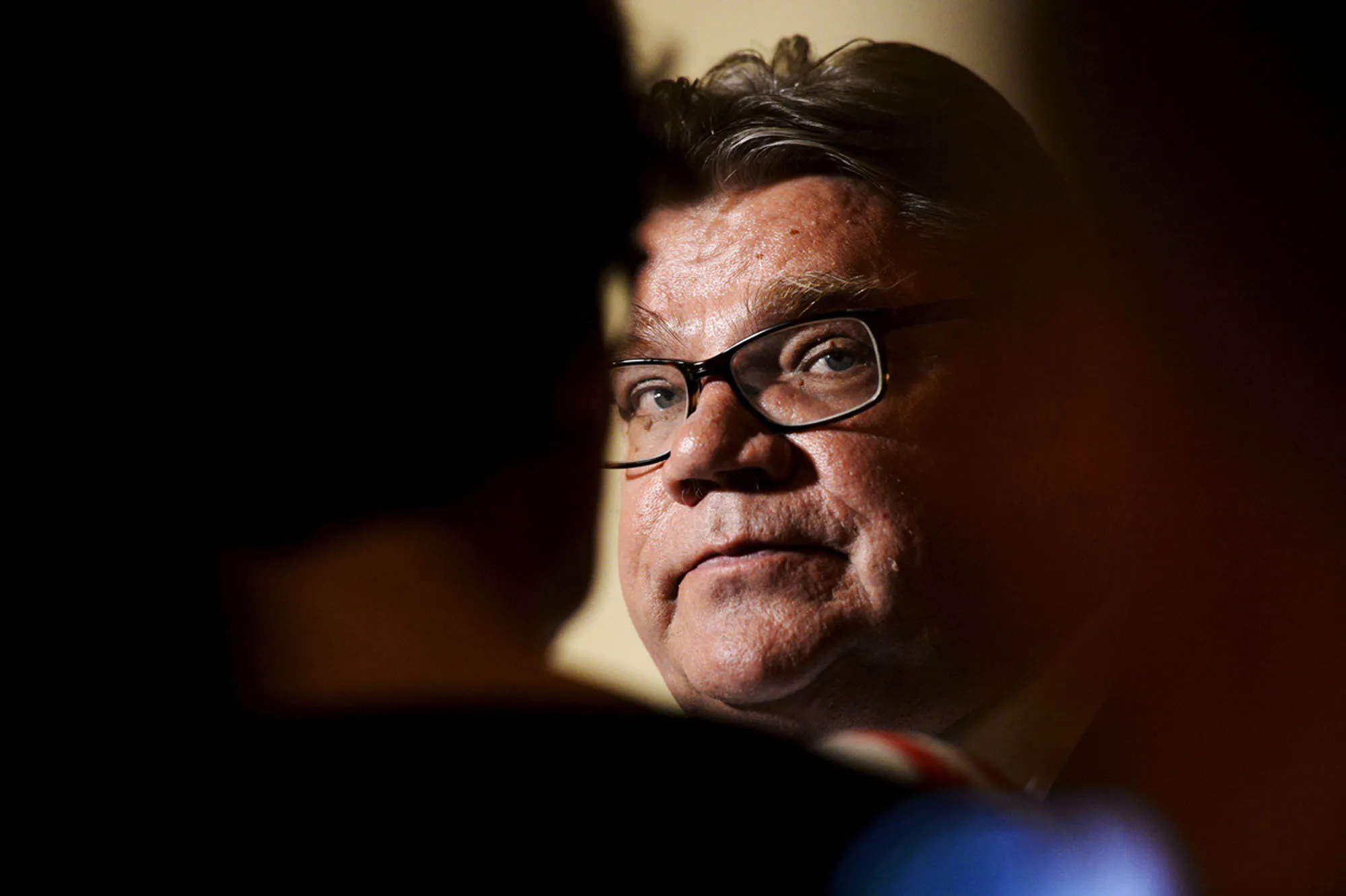 Timo Soini, commenting the government negotations at the parliament in Helsinki, on May 7, 2015. Photographer: Antti Aimo-Koivisto/AFP/Getty Images
