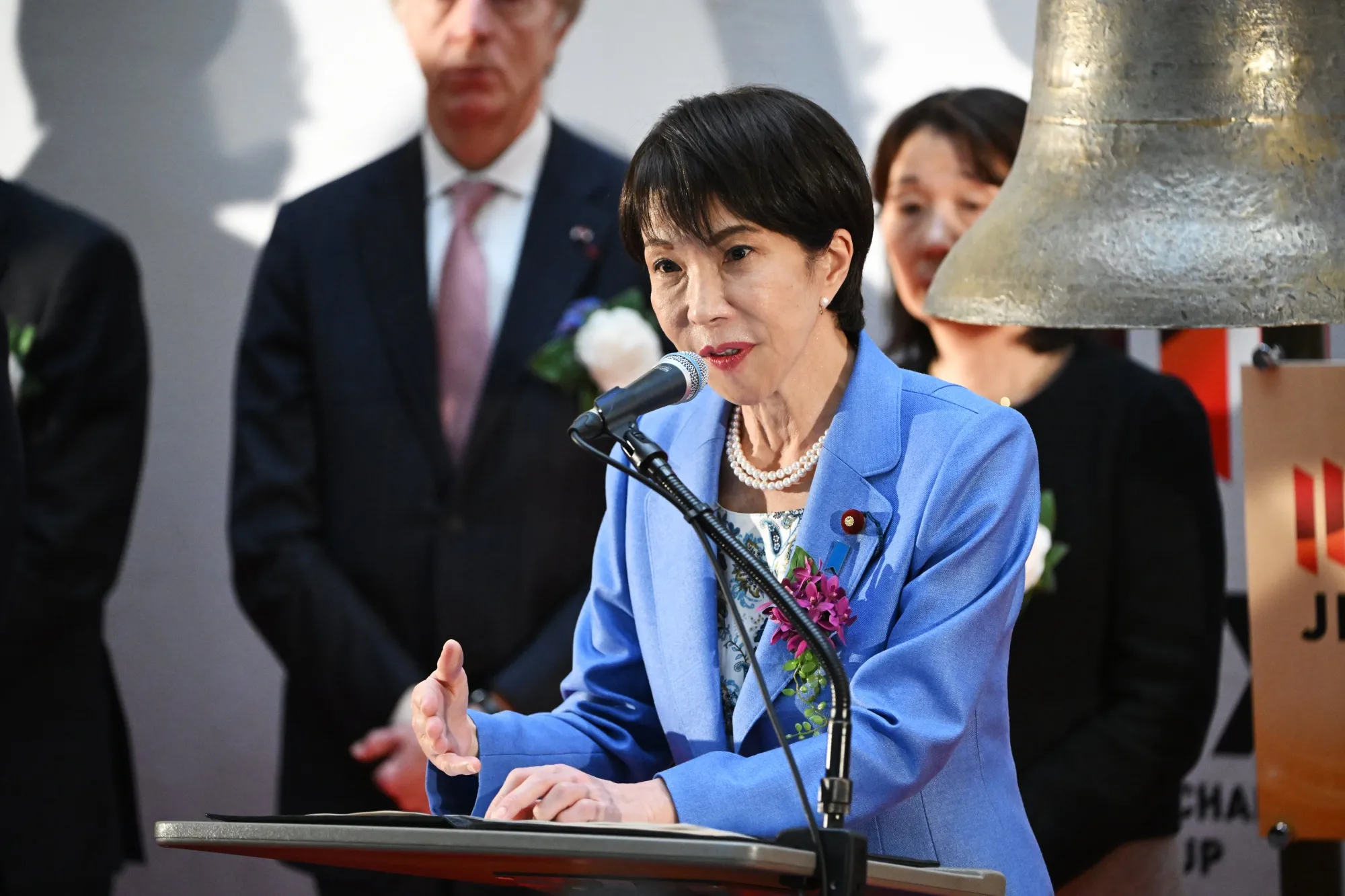 Sanae Takaichi, Japan’s prime minister, attends a ceremony marking the last trading day of the year at the Tokyo Stock Exchange on Dec. 30.