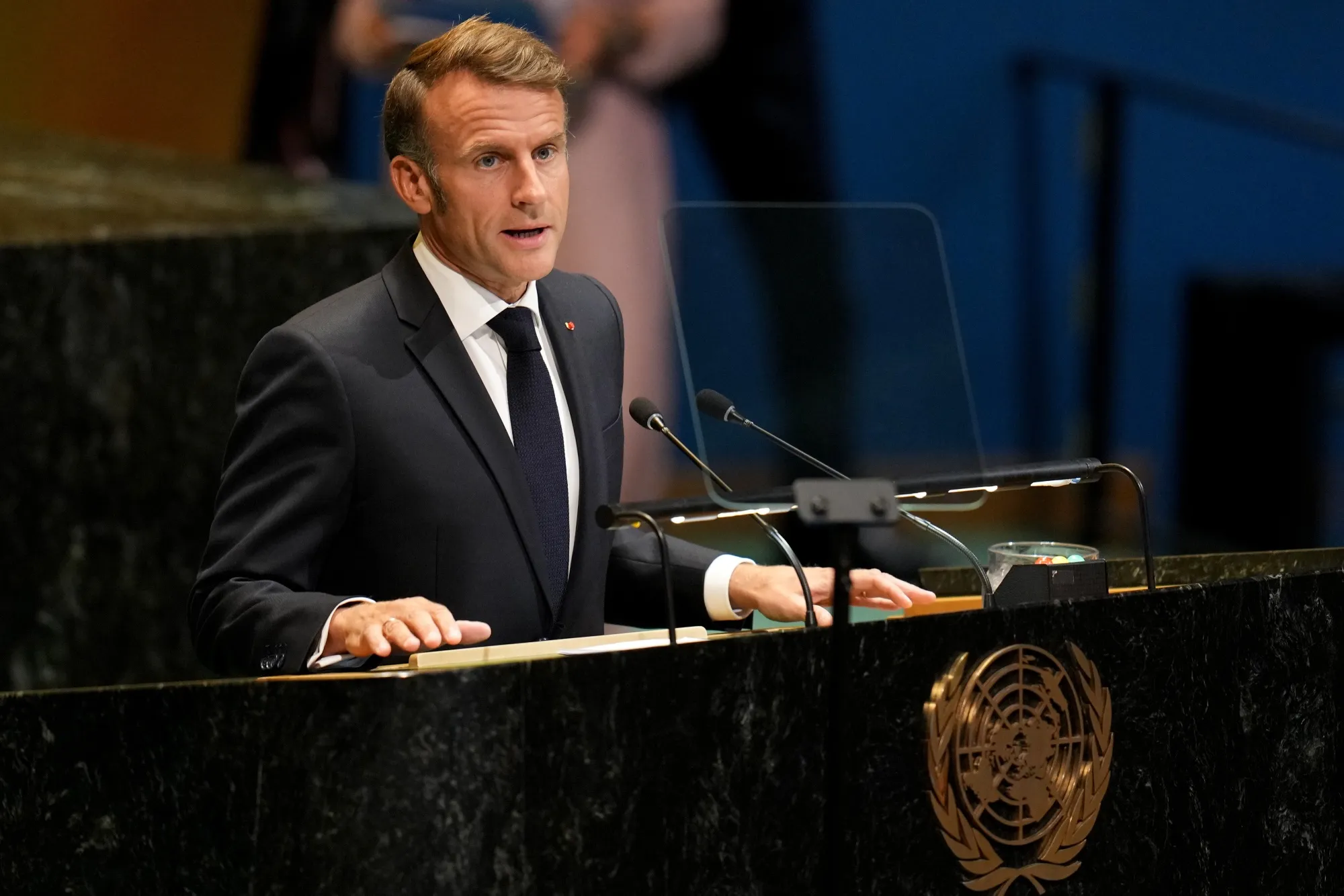 France's president Emmanuel Macron speaks during a United Nations conference on a Palestinian two-state solution in New York on Sept. 22.