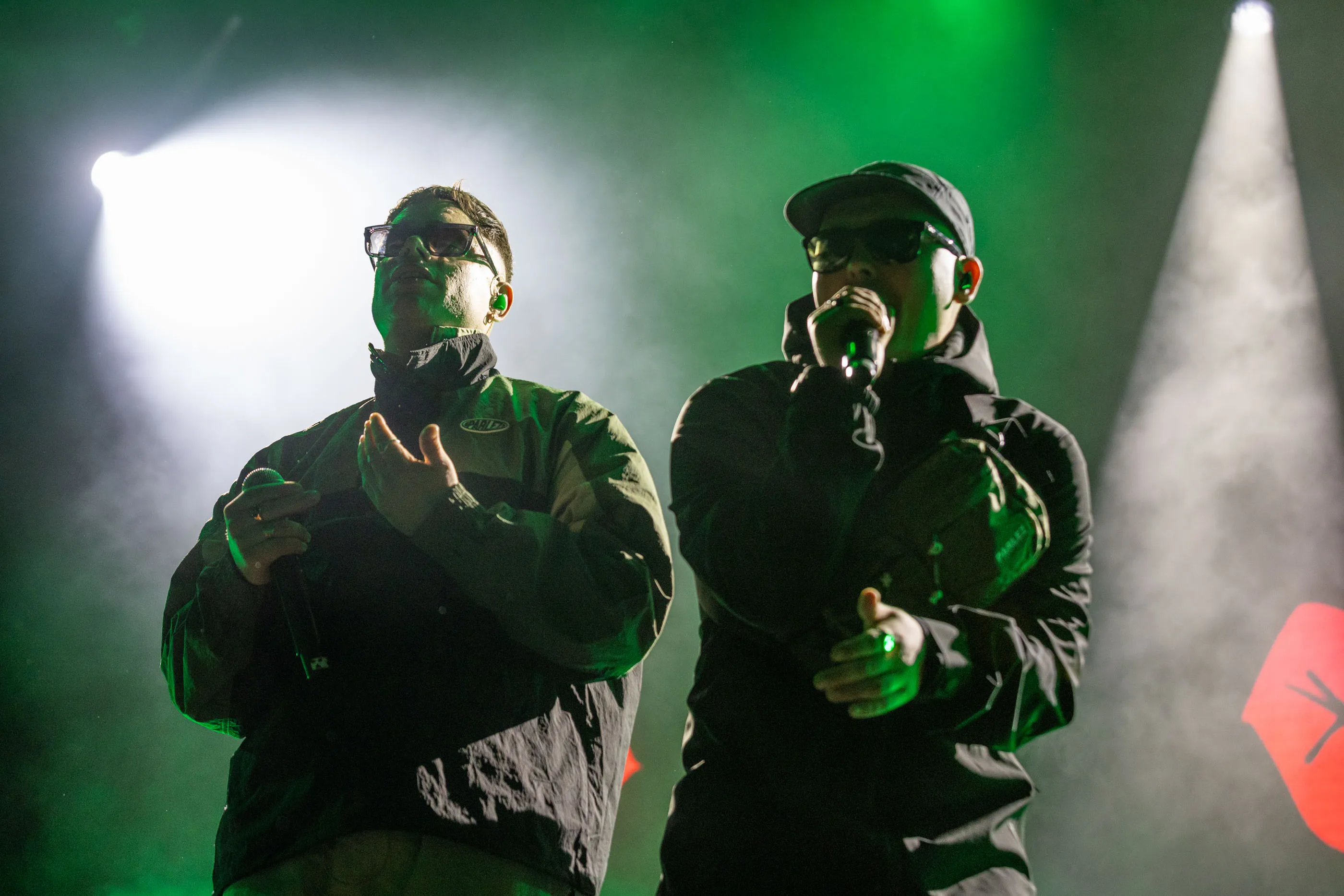 Móglaí Bap and Mo Chara of Kneecap kept the Dublin crowd moving throughout their high-energy set.