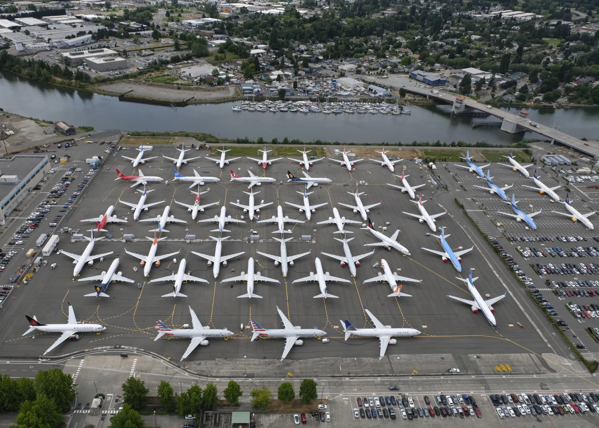 Boeing 737 MAX parked on lots near Boeing Field, in Seattle.