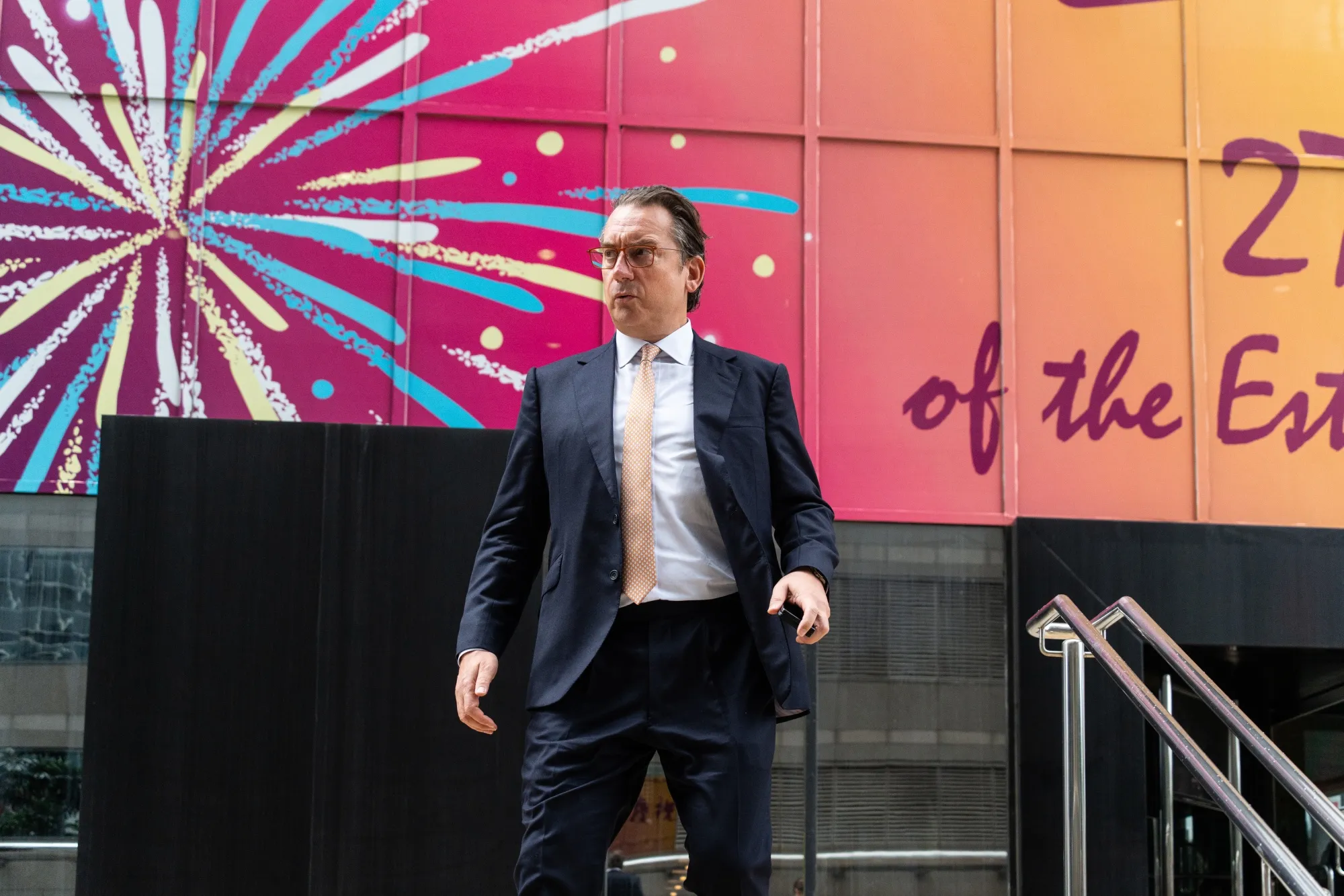 Simon Sadler of Segantii Capital Management Ltd., leaves the District Court in Hong Kong.