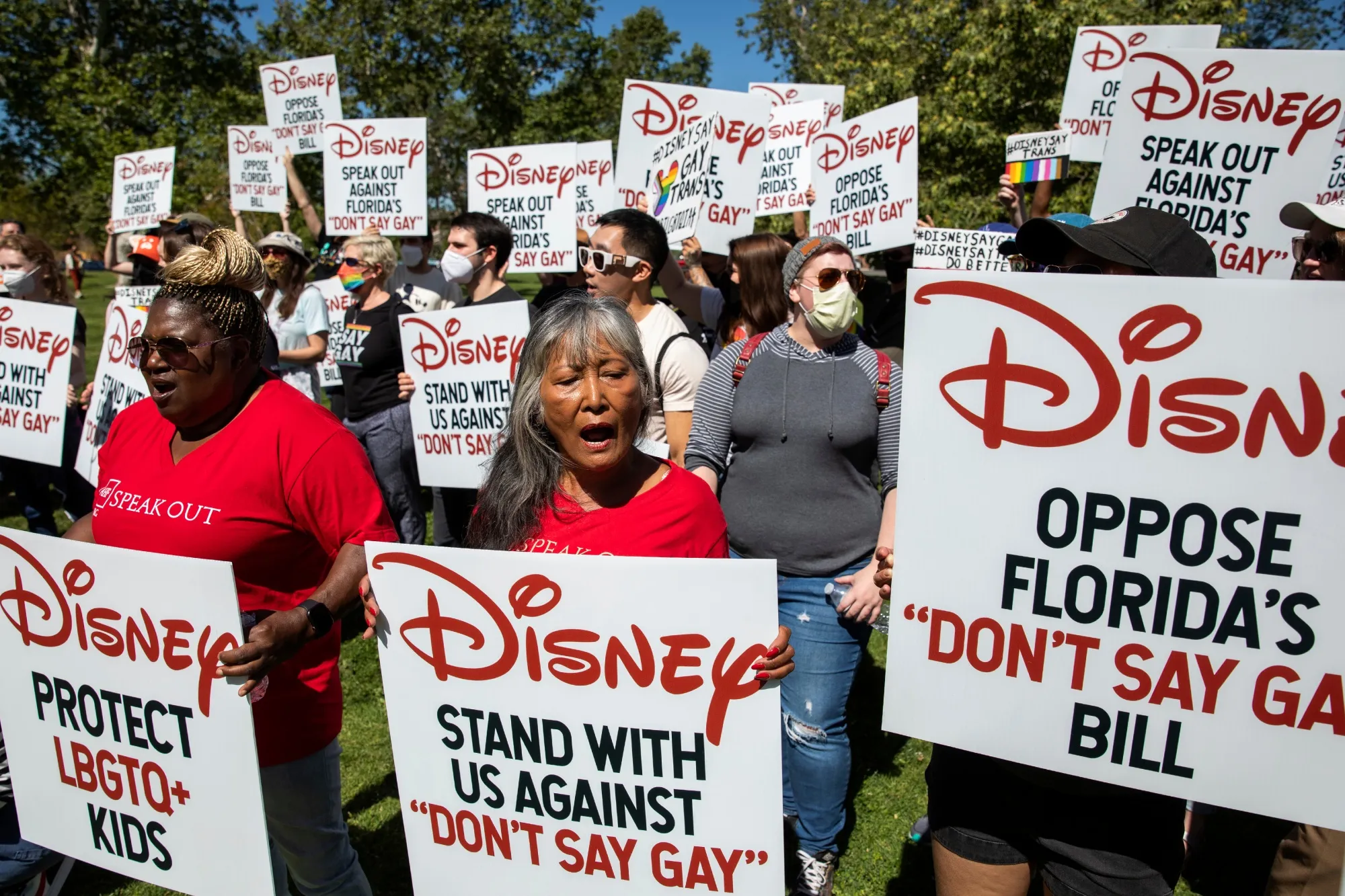 Walt Disney employees and demonstrators during a rally against the Florida "Don't Say Gay" bill at Griffith Park in Glendale, California, on&nbsp;March 22.