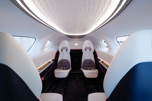 The interior cabin of a Lilium jet mockup.