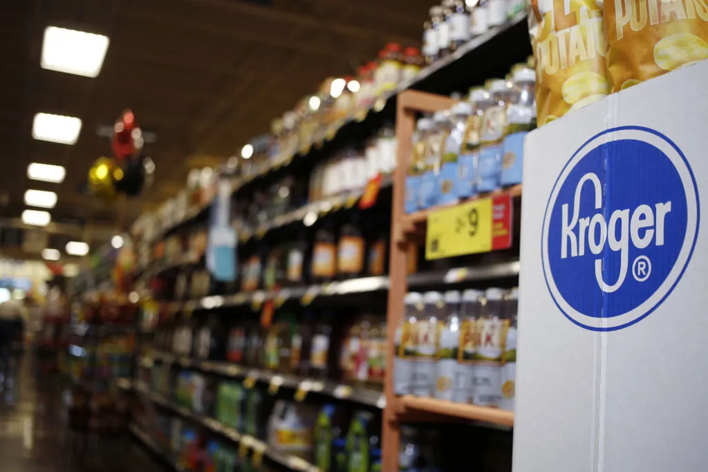 Signage is displayed inside a Kroger Co. grocery store in Louisville, Kentucky, U.S., on Wednesday, June 14, 2017. Kroger Co. is scheduled to release earnings on June 15.

