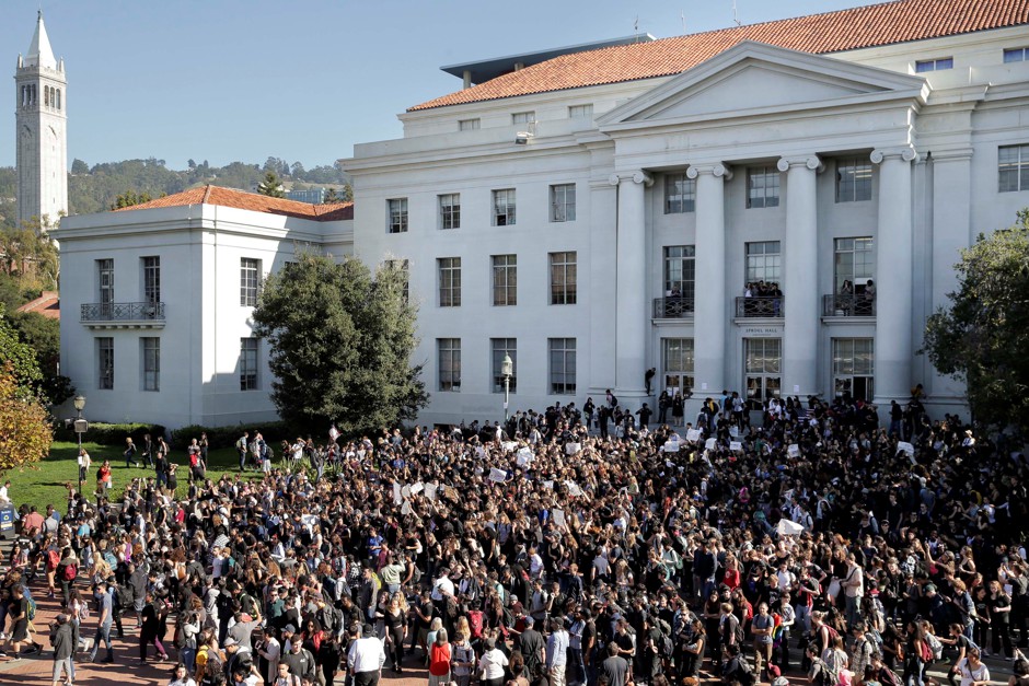 Berkeley has been the site of several progressive protests—like this one, after Donald Trump's election in 2016. Now, that resistance is turning to digital funding.