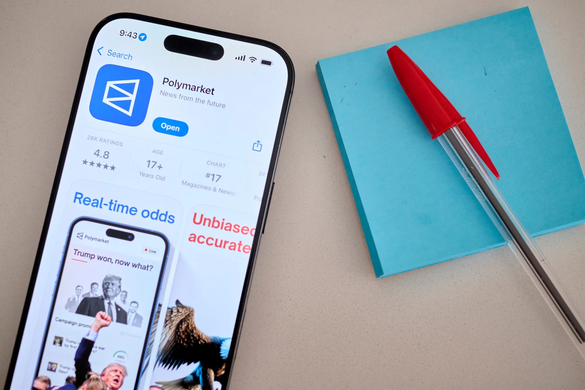 The Polymarket app in the Apple App Store.