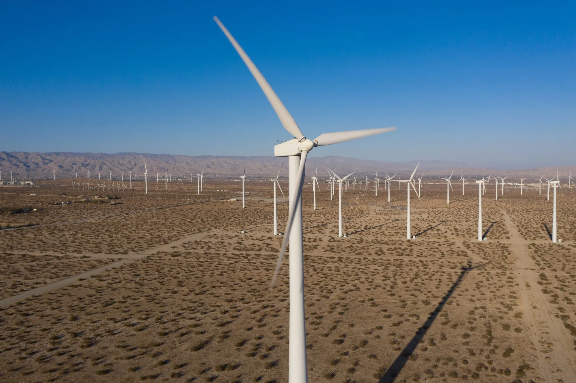 Wind turbines at the San Gorgonio Pass wind farm in Whitewater, California.