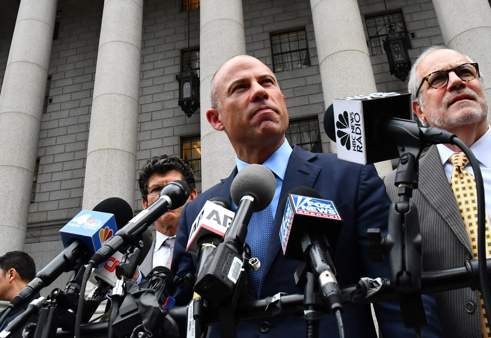 Michael Avenatti speaks with members of the media while exiting from federal court in New York, U.S., on Tuesday, May 28, 2019.
