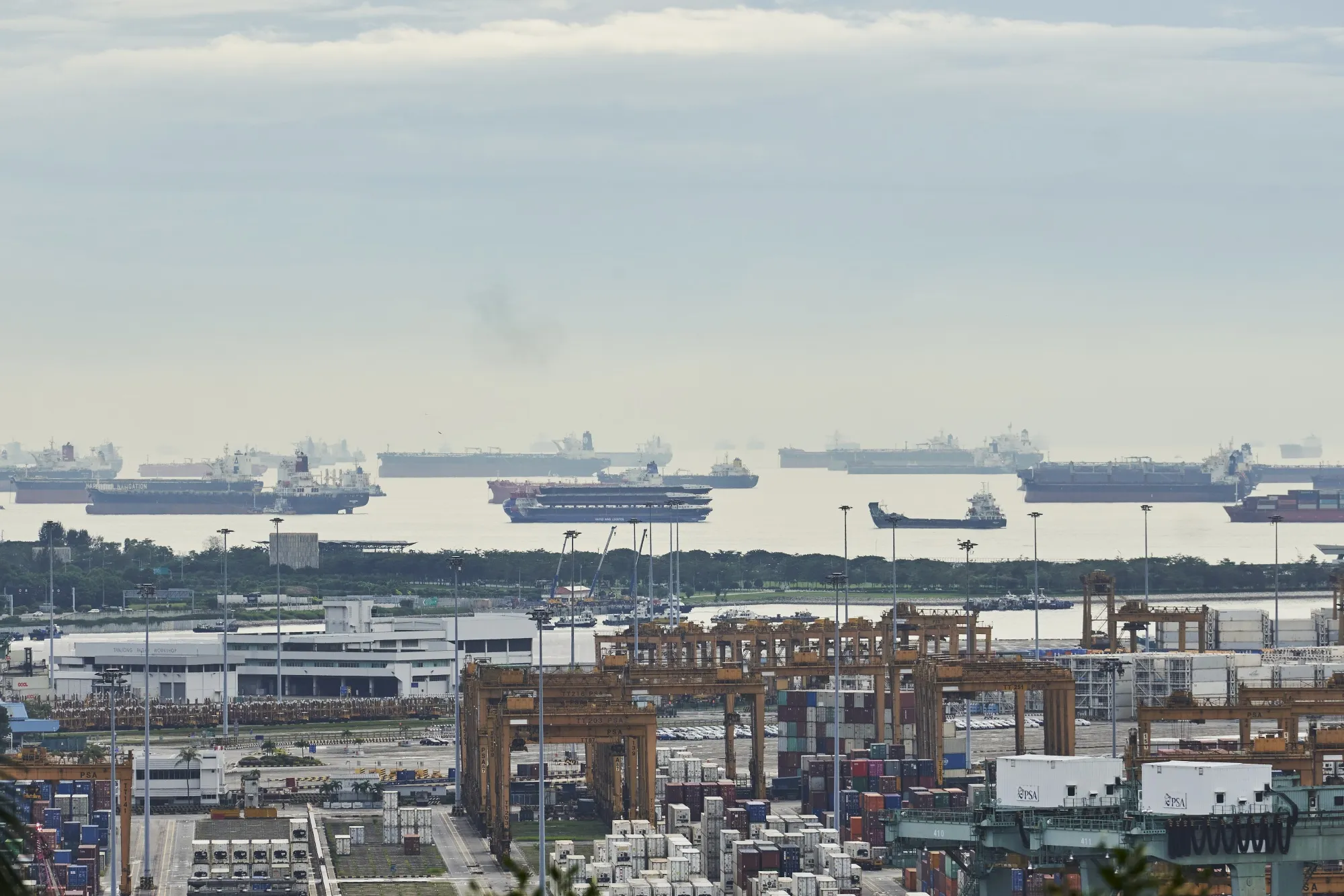 Container ships and bulk carriers offshore from the Port of Singapore.