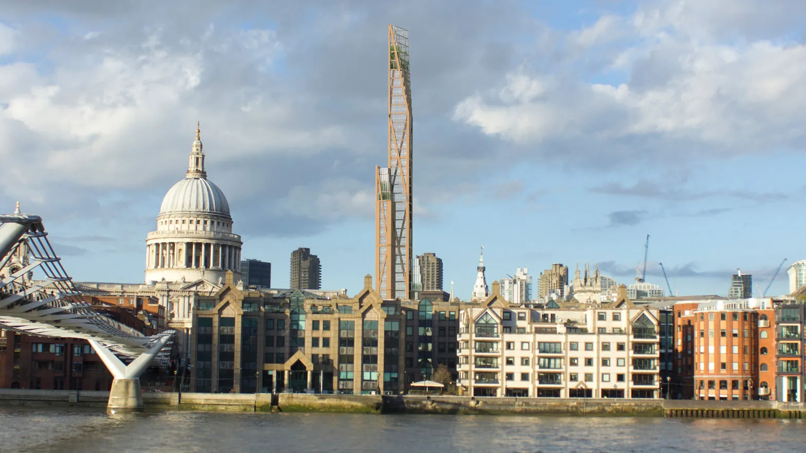 An architectural rendering of a 1,000-foot-tall wood skyscraper proposed for London.
