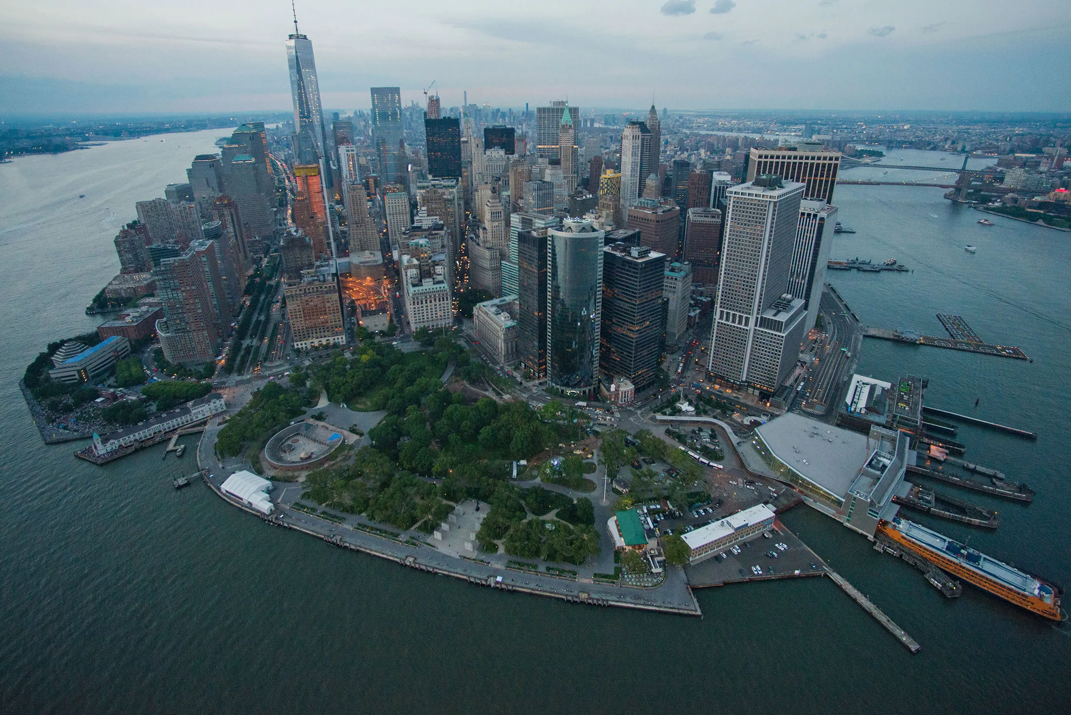 Aerial view of Lower Manhattan and the new One World Trade Center in New York, U.S., on Friday, June 19, 2015.
