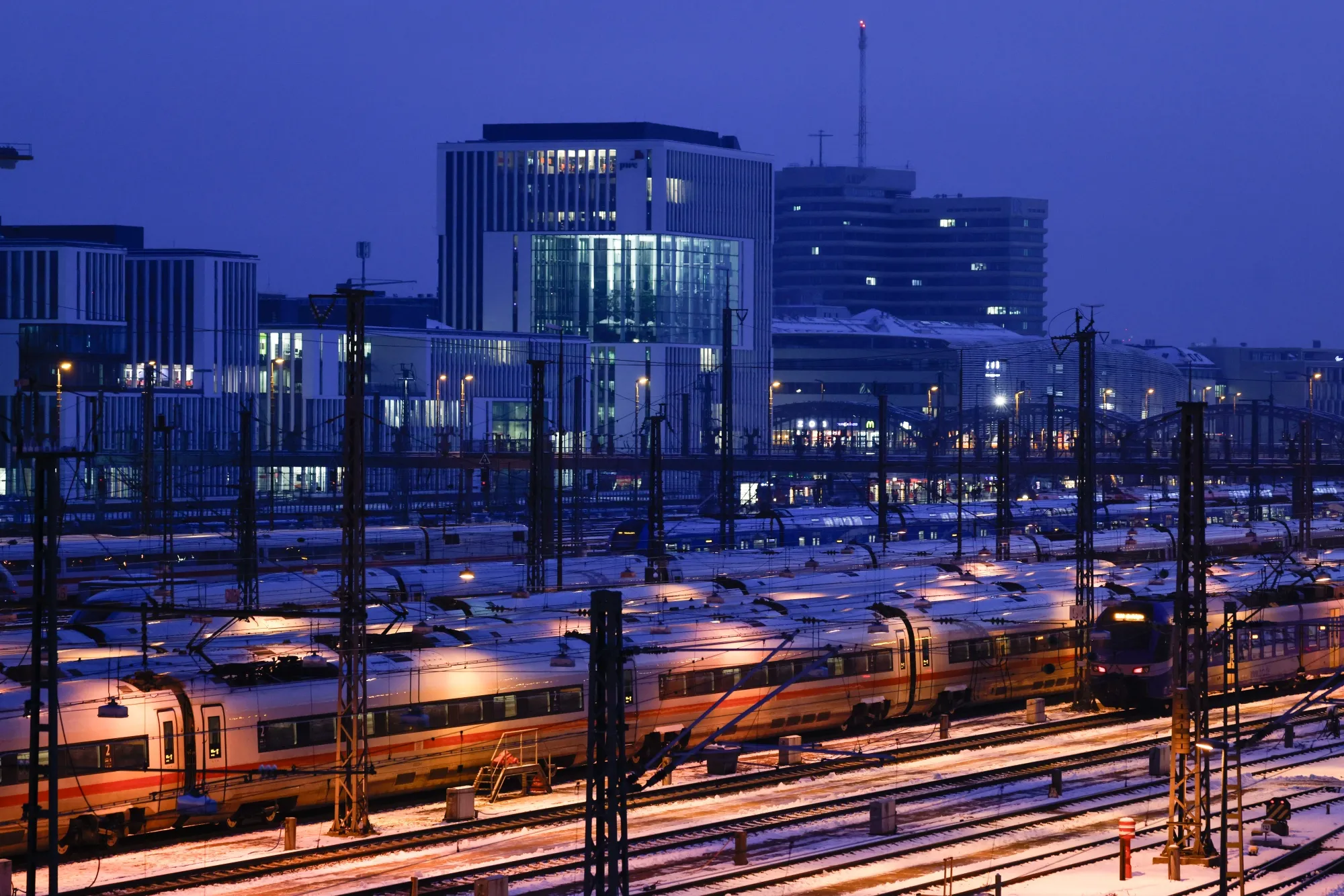 Stationary Deutsche Bahn passenger trains on the first day of the strike.