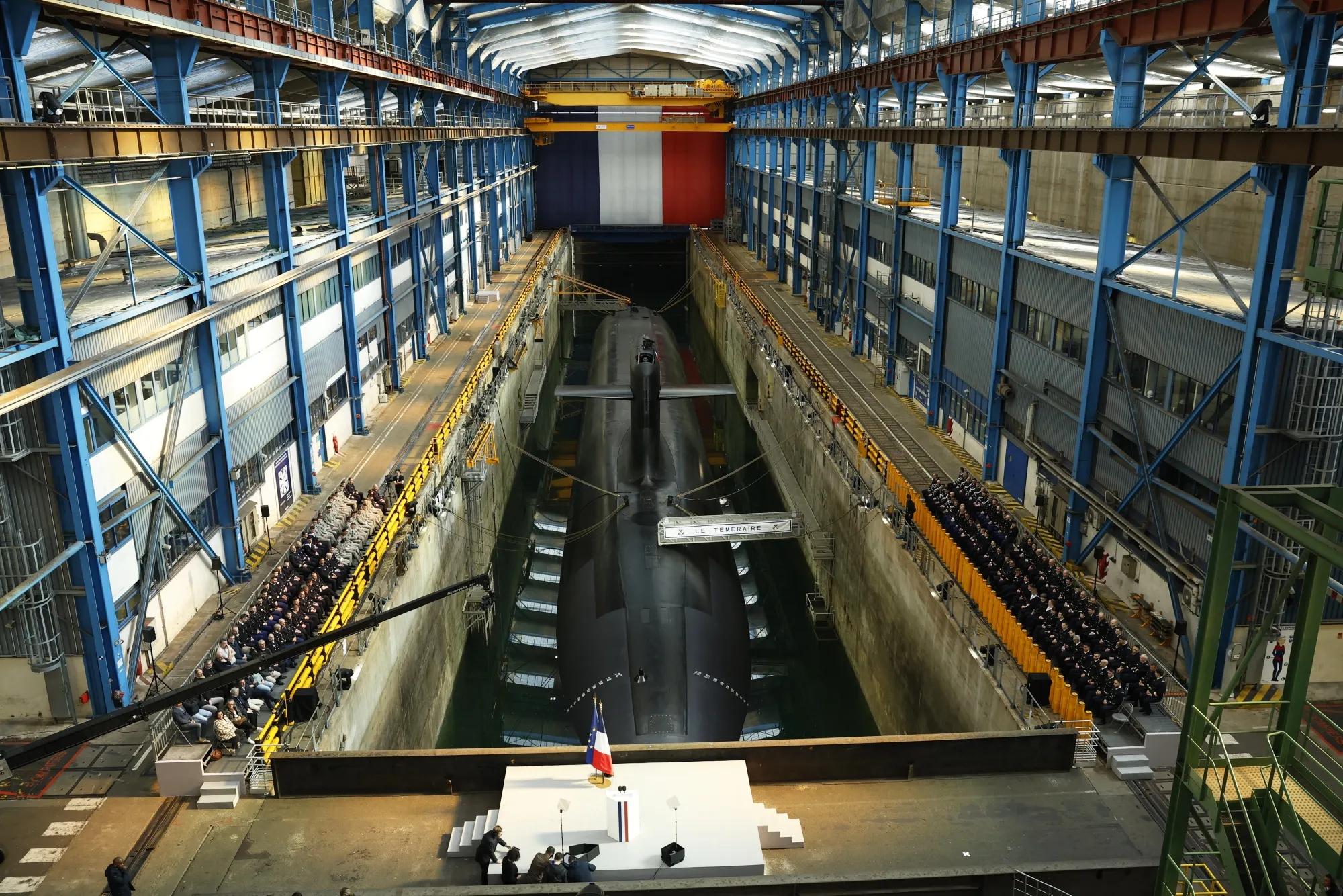A nuclear-powered ballistic missile submarine at the Ile Longue submarine base in Brittany, France on March 2.