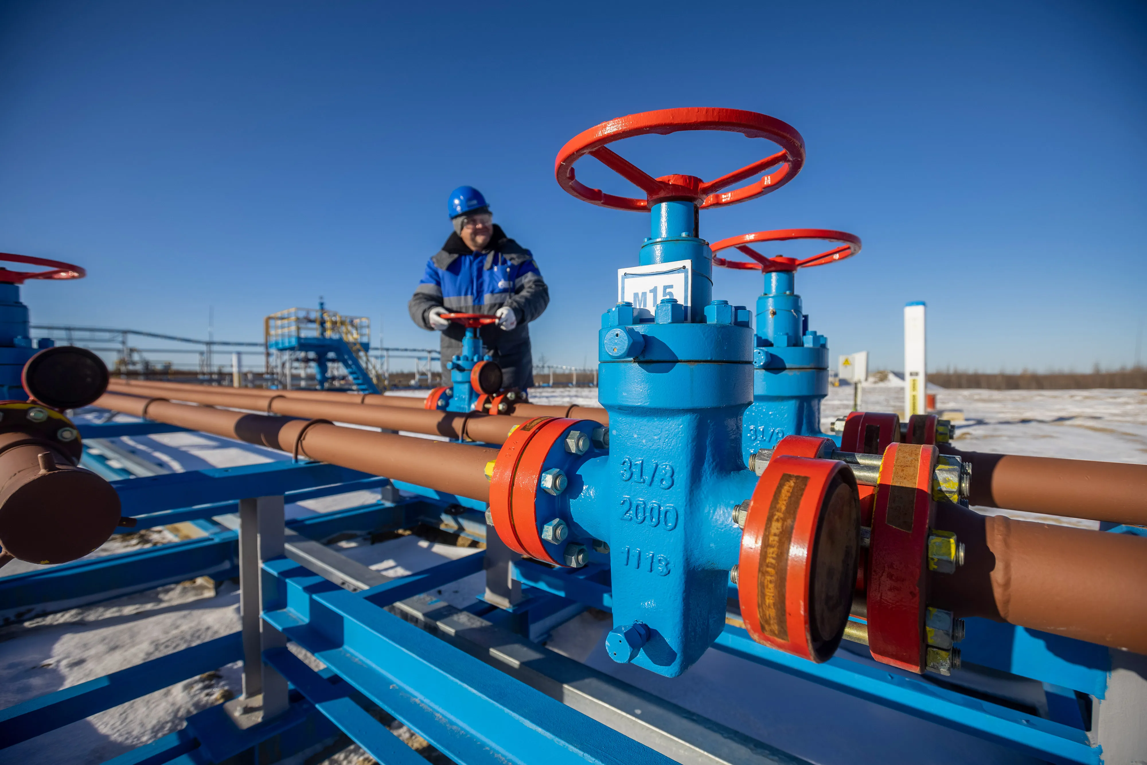 A worker at&nbsp;Gazprom PJSC’s Chayandinskoye field, a resource base for the Power of Siberia gas pipeline, in the Sakha Republic, Russia.