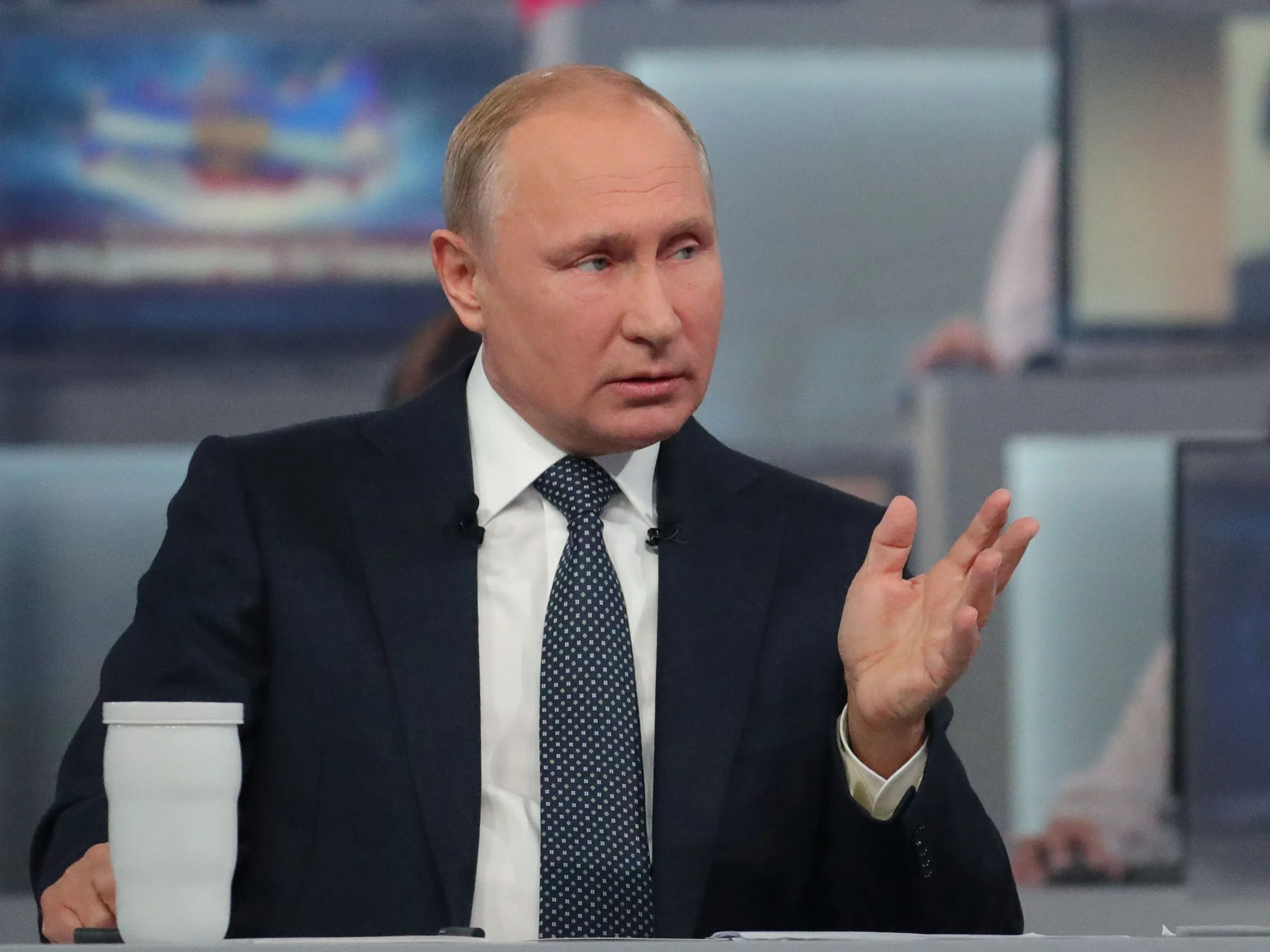 Russian President Vladimir Putin holds his annual televised phone-in with the nation in Moscow on June 7.