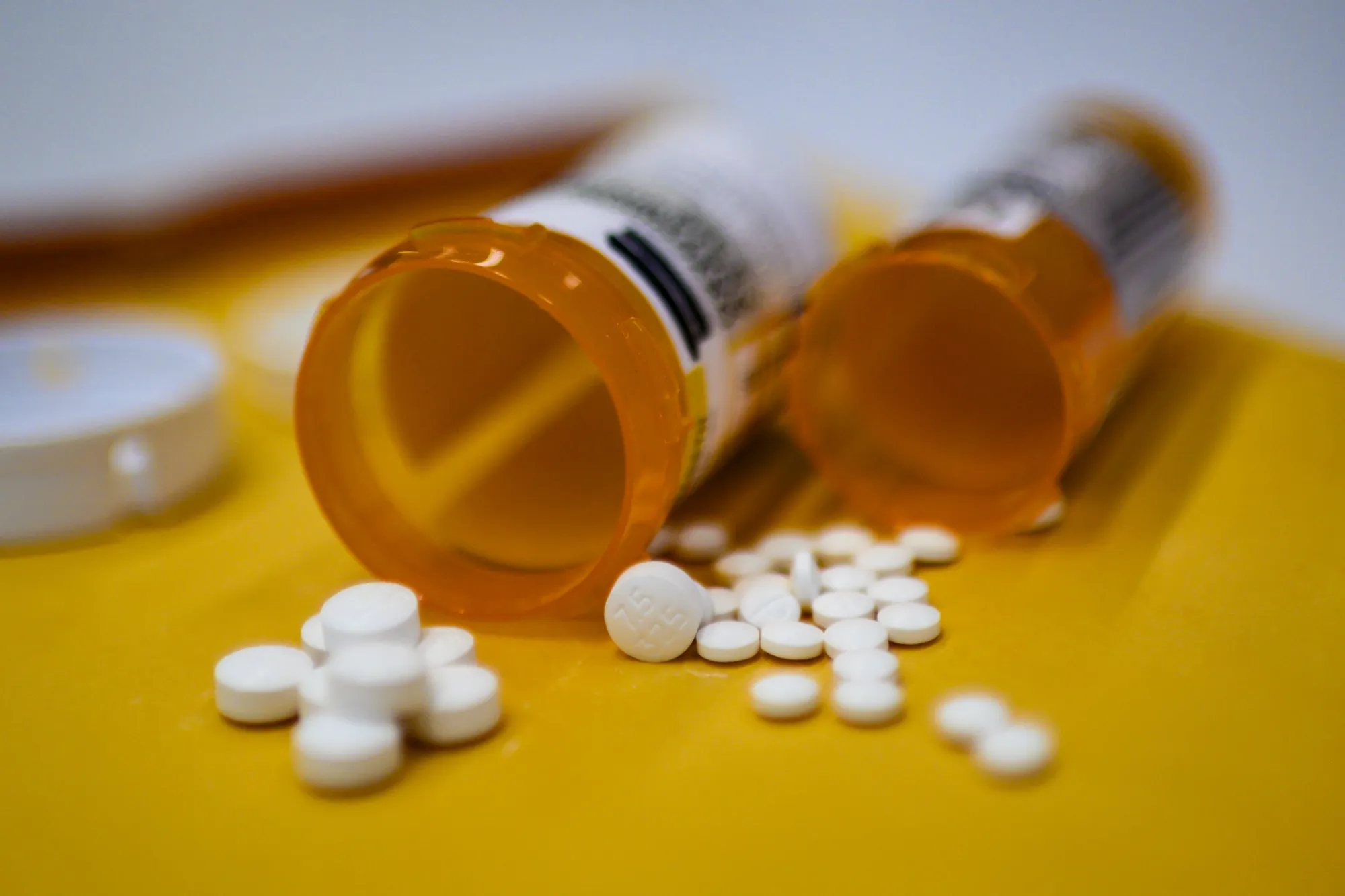 Tablets of opioid painkiller Oxycodon delivered on medical prescription.