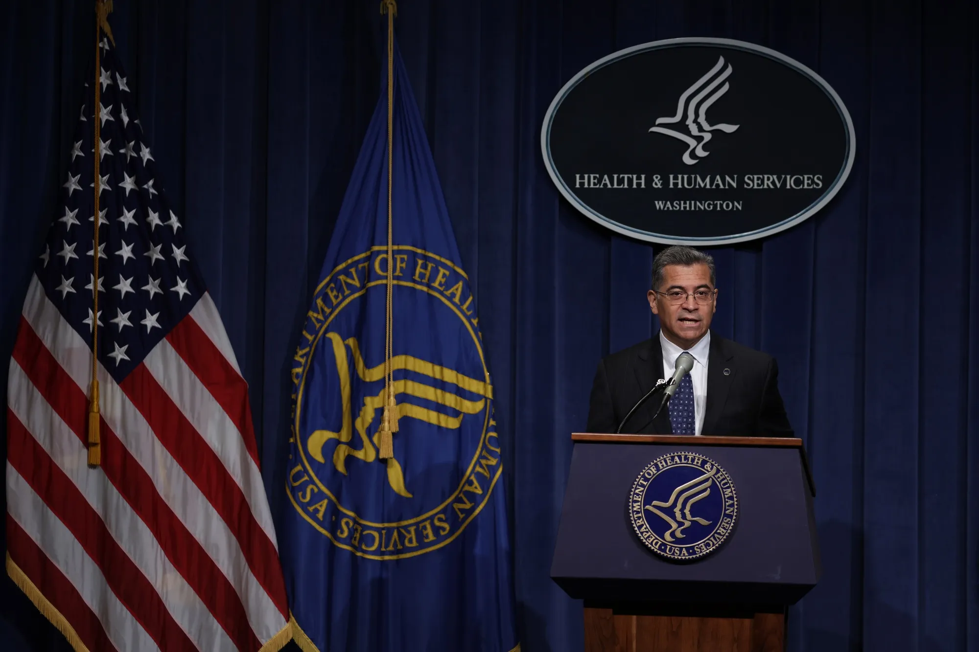 Xavier Becerra speaks at the Department of Health and Human Services headquarters in Washington, DC.
