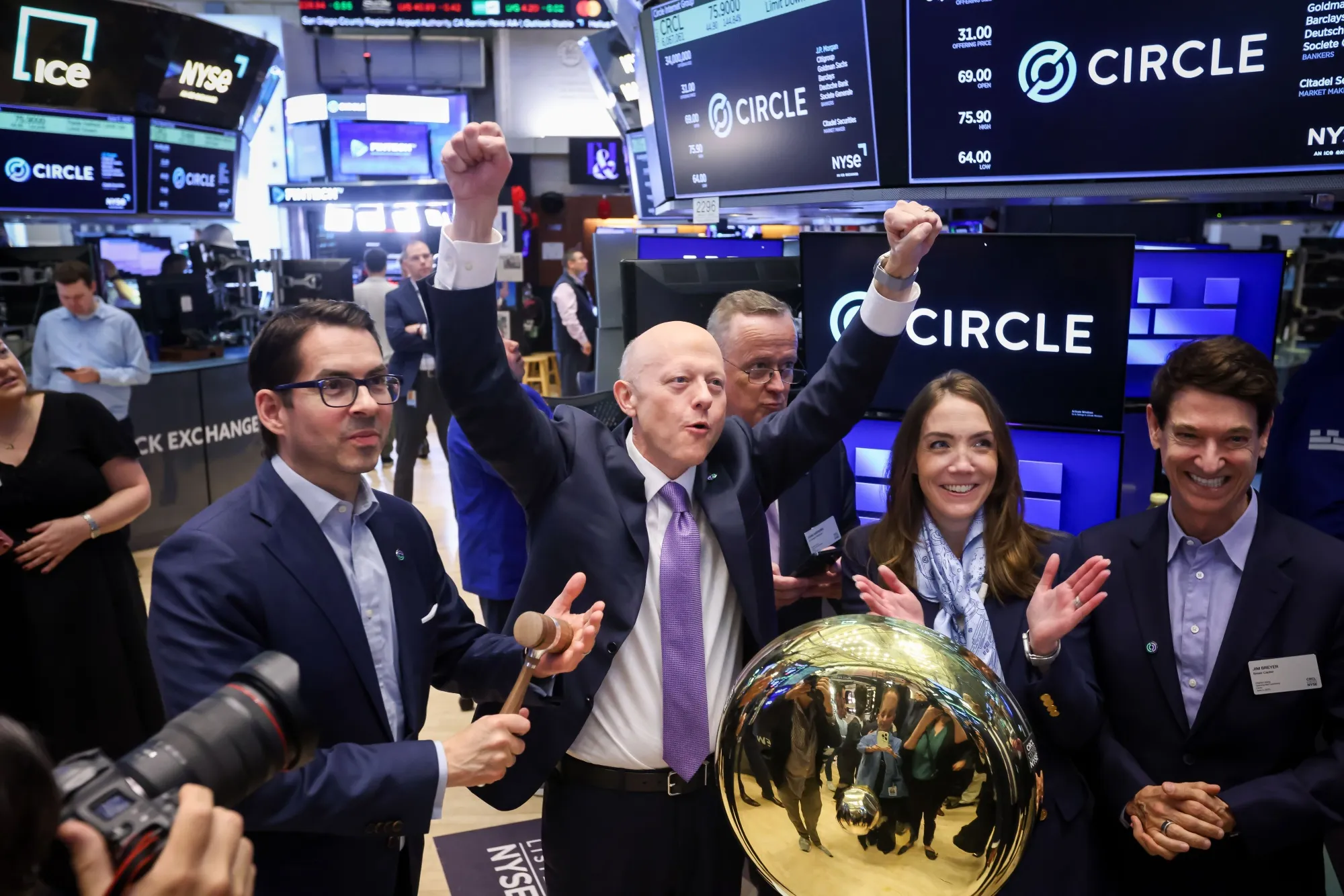 CEO of Circle Internet Financial Jeremy Allaire celebrates during the company's IPO on the floor of the New York Stock Exchange on June 5.