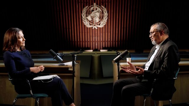 Mishal Husain and Dr. Tedros speak in Geneva.