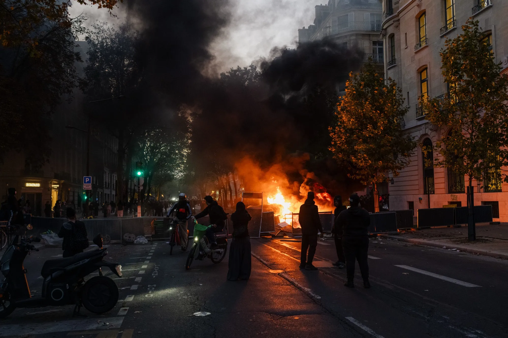 A fire burns at a demonstration in Paris, on Oct. 17.