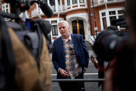 Icelandic journalist and WikiLeaks spokesperson Kristinn Hrafnsson speaking with media outside the Ecuadorian embassy in central London in 2012.