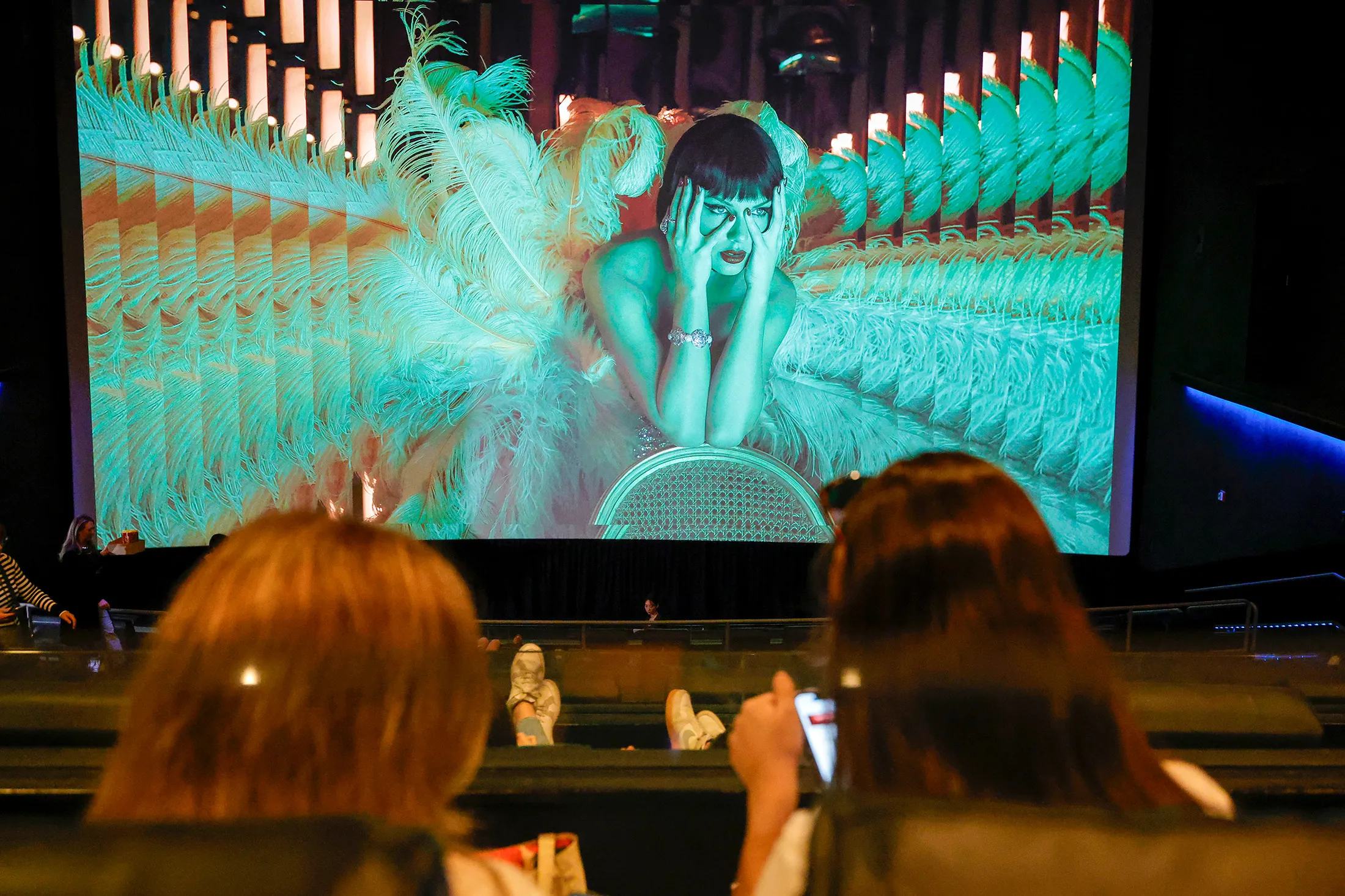 Audience members watch a film screening of “Taylor Swift: The Official Release Party Of A Showgirl” at Westfield Century City in Los Angeles, California, on Oct. 3.