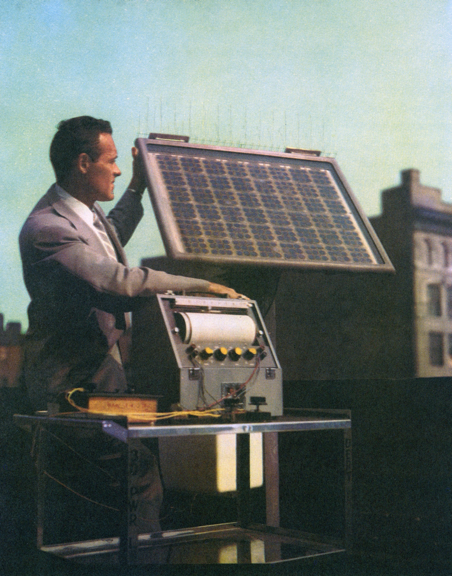 Installation of the first successful solar panel and solar battery, for the Georgia telephone carrier Americus, on&nbsp;Oct. 4, 1955.&nbsp;