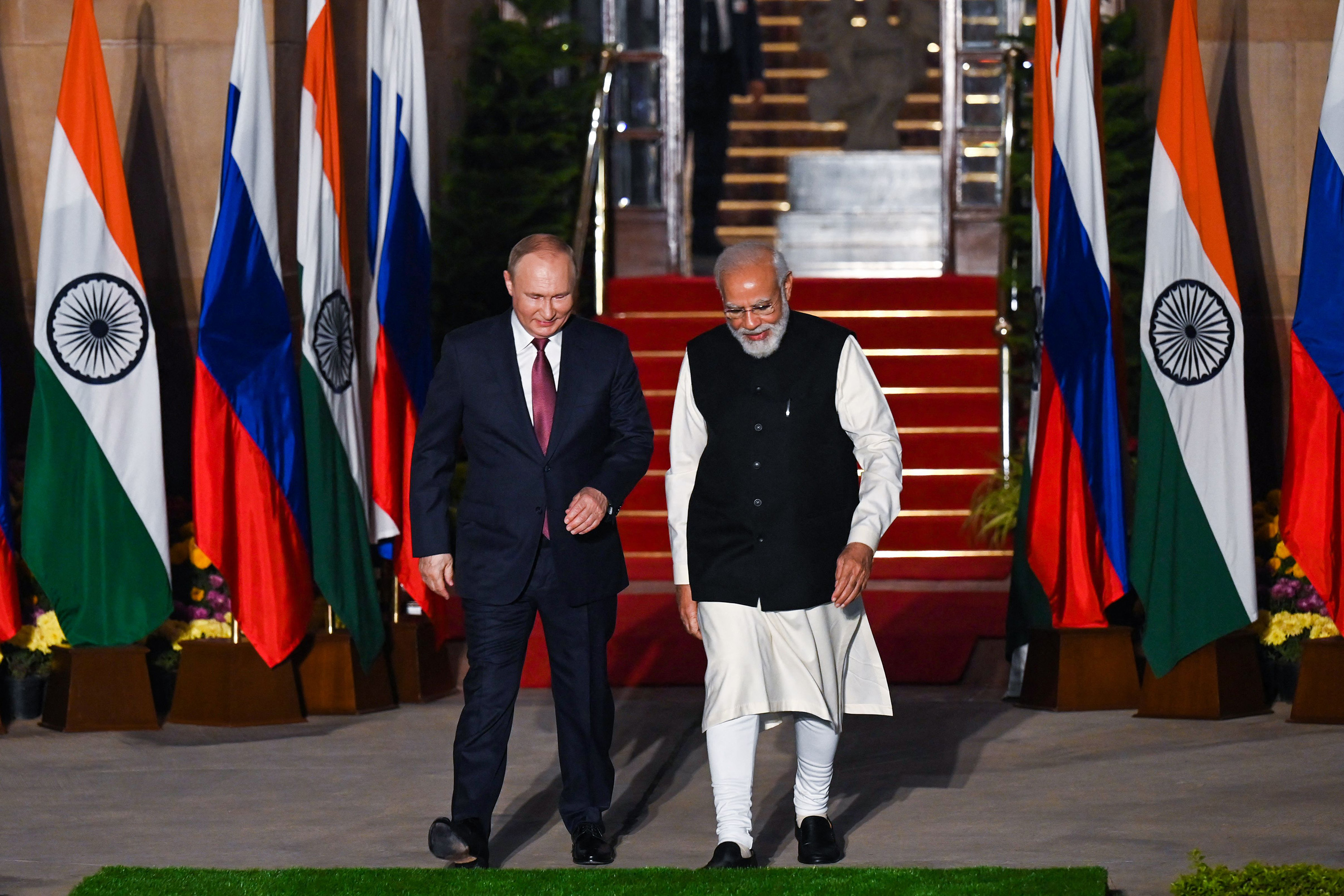 Narendra Modi and Vladimir Putin at last year’s summit in New Delhi on Dec. 6, 2021.&nbsp;