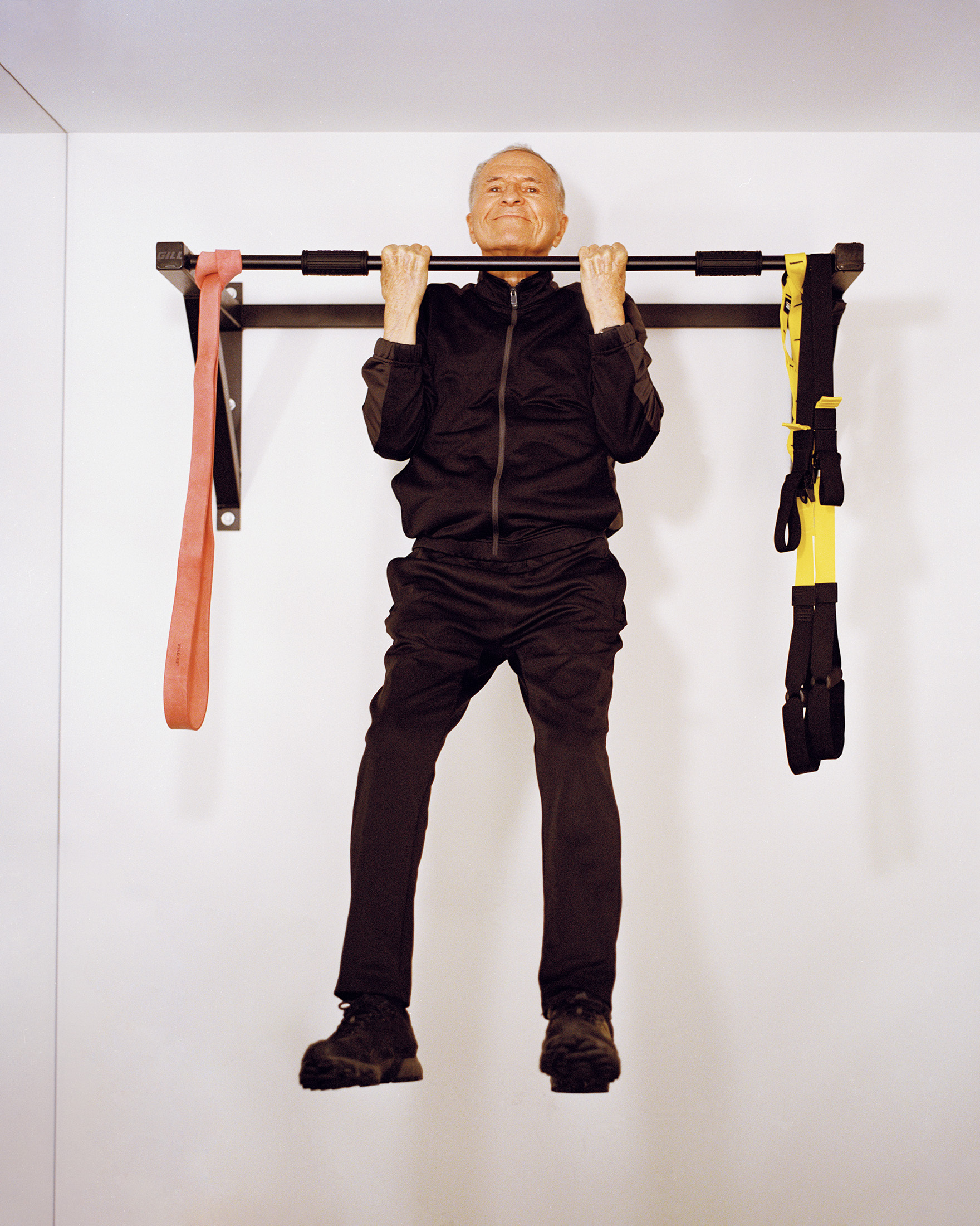 Thorp demonstrates a chin-up at his home in Laguna Beach, California.