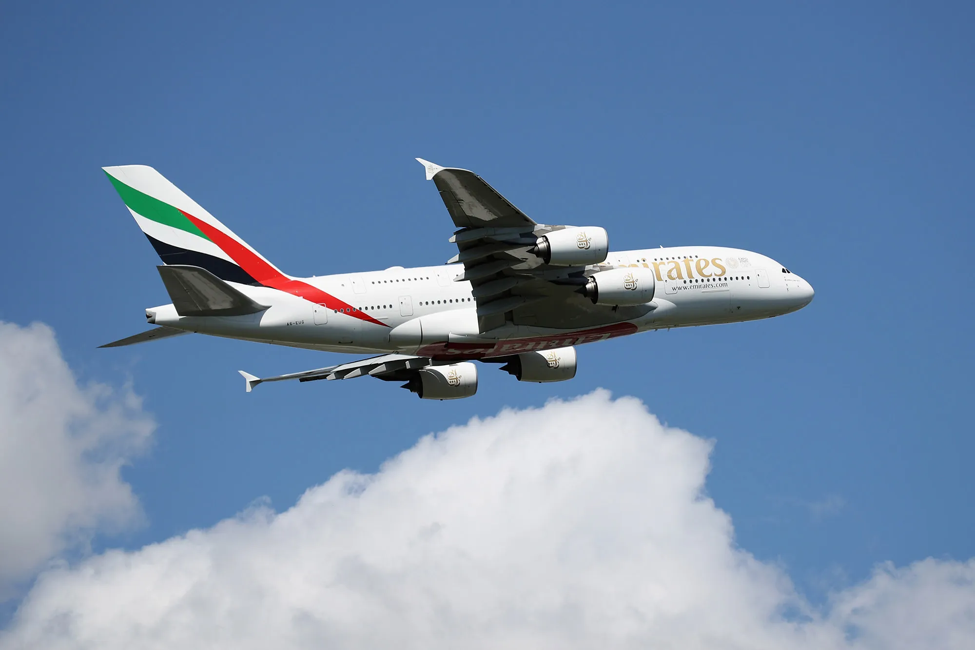 An Airbus A380-861 operated by Emirates takes off.&nbsp;