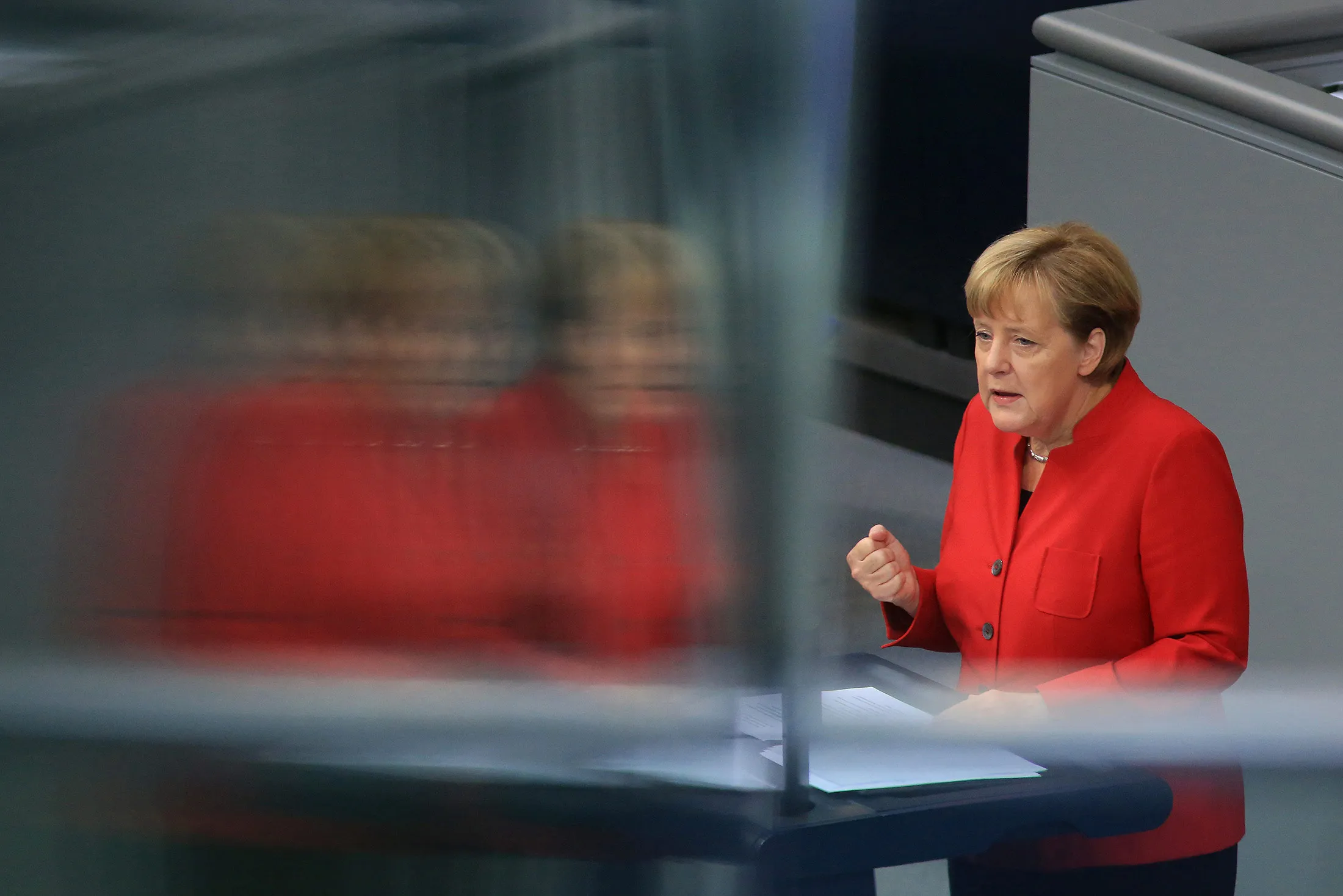 Angela Merkel, Germany's chancellor, speaks in the lower-house of the German Parliament in Berlin, on Wedneday, Sept. 7, 2016.
