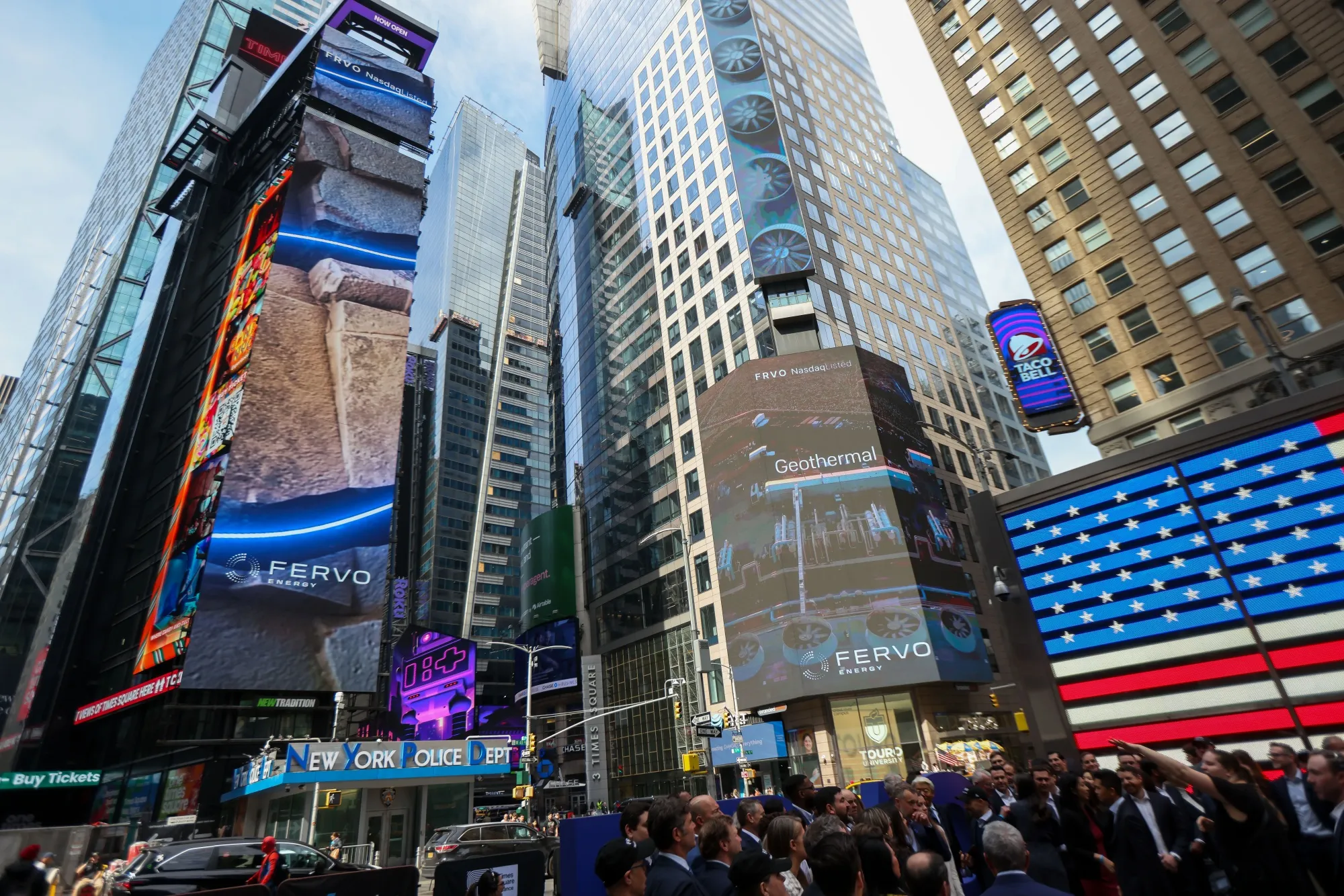 Fervo Energy&nbsp;signage during the company's IPO&nbsp;at the Nasdaq MarketSite in New York on May 13.