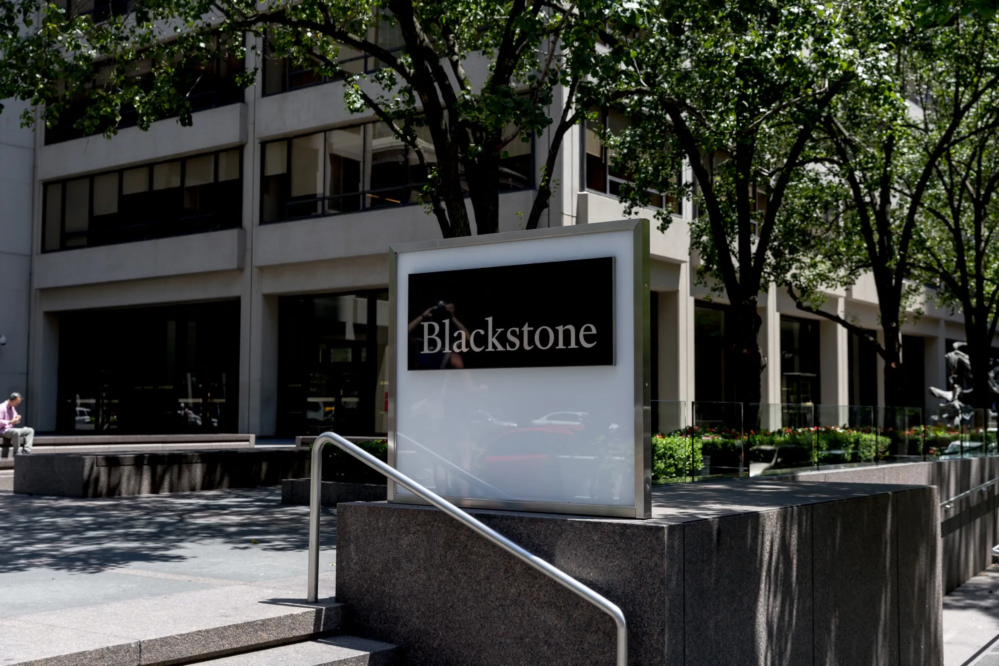 Signage is displayed outside the Blackstone Group Inc. headquarters in New York, U.S.