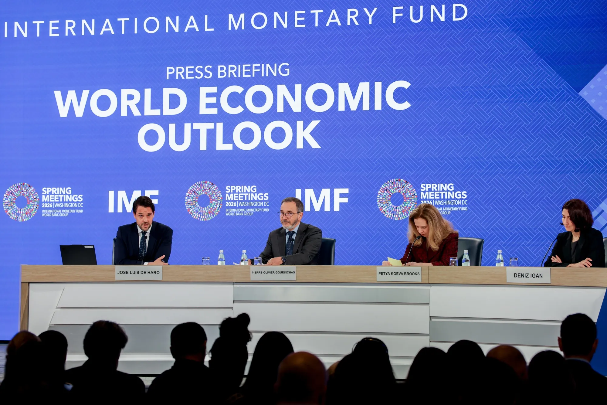 Jose Luis de Haro, from left, Pierre Olivier Gourinchas, Petya Koeva-Brooks, and Deniz Igan, during a news conference on the world economic outlook during the IMF Spring meetings in Washington on April 14.