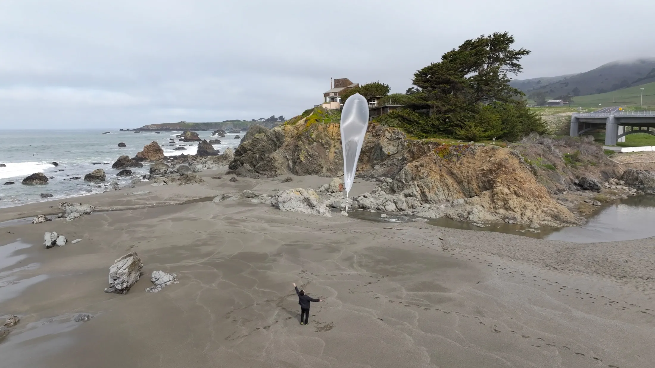 WindBorne Systems’ co-founder &amp; CTO Andrey Sushko releases an atmospheric sensing balloon in Bodega Bay, California.