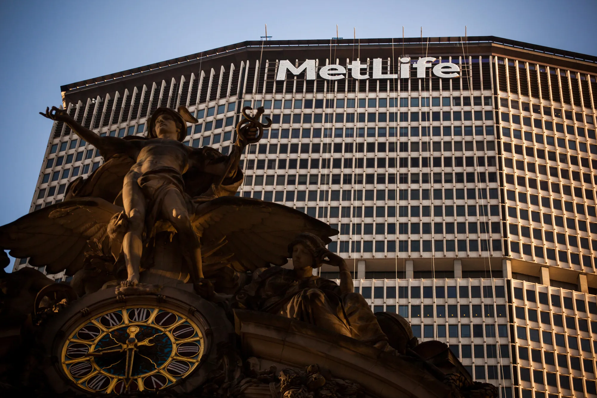 The Statue of Mercury stands in front of the MetLife Building in New York.