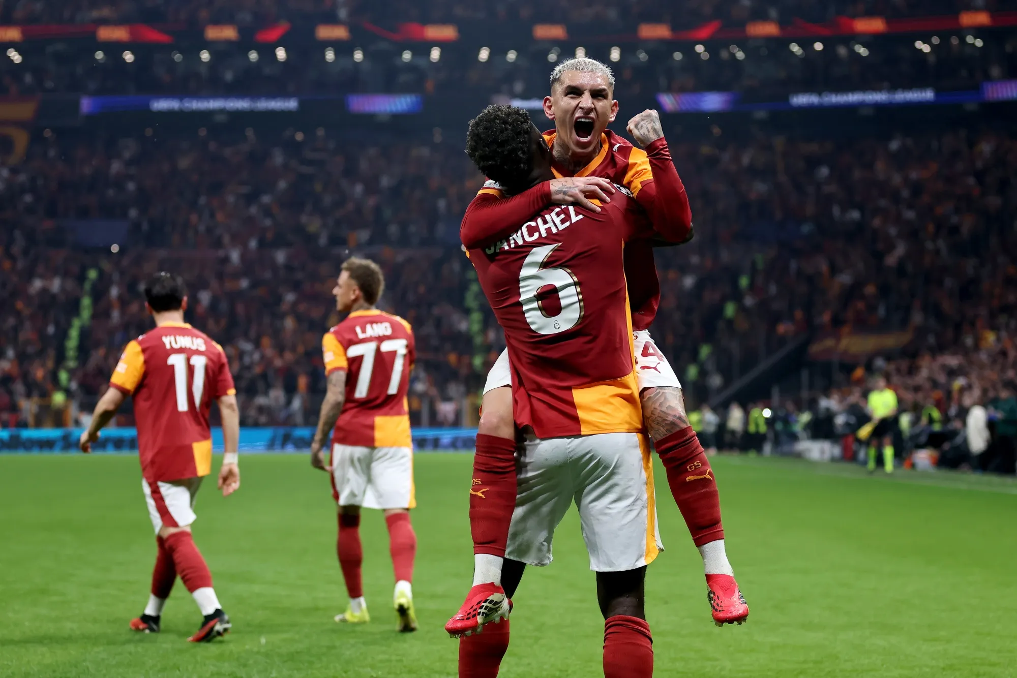 Davinson Sanchez of Galatasaray AS,&nbsp;celebrates scoring his team's third goal&nbsp;during the UEFA Champions League&nbsp;match with&nbsp;Juventus&nbsp;in Istanbul, on Feb. 17.